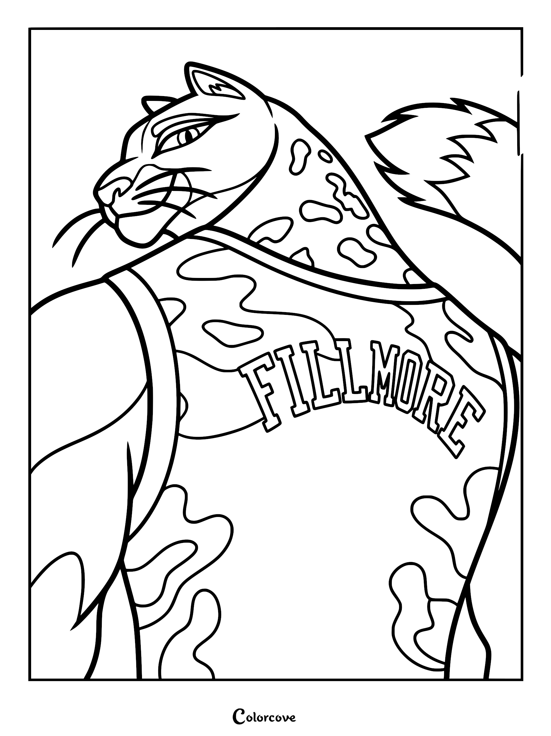 A detailed coloring page featuring Jett Fillmore, the black panther from the GOAT movie, looking over his shoulder while wearing his Vineland Thorns jersey with FILLMORE written on the back.