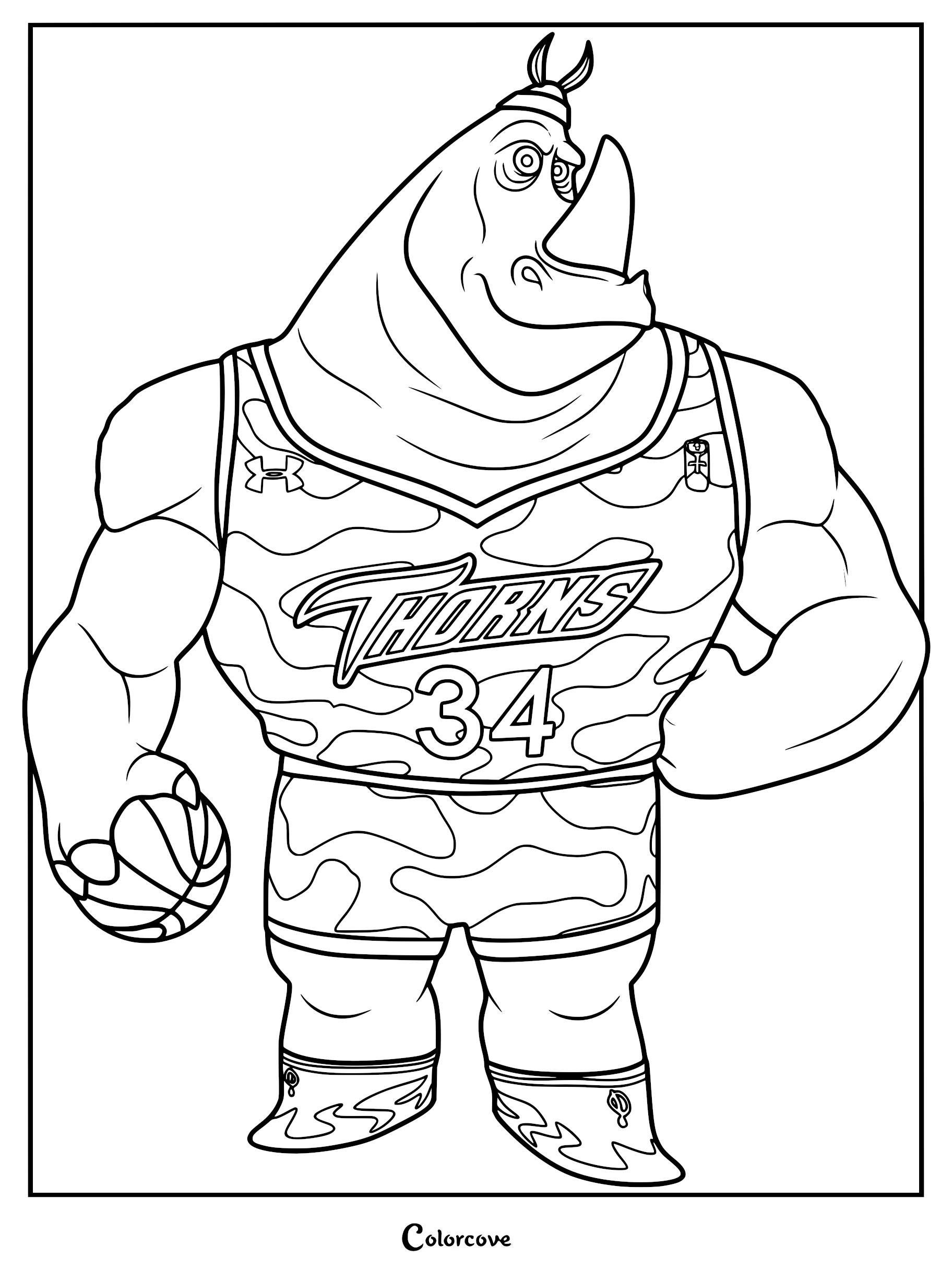 Archie Everhardt coloring page showing the muscular Indian rhinoceros from GOAT movie in a camouflage number thirty-four Vineland Thorns jersey.