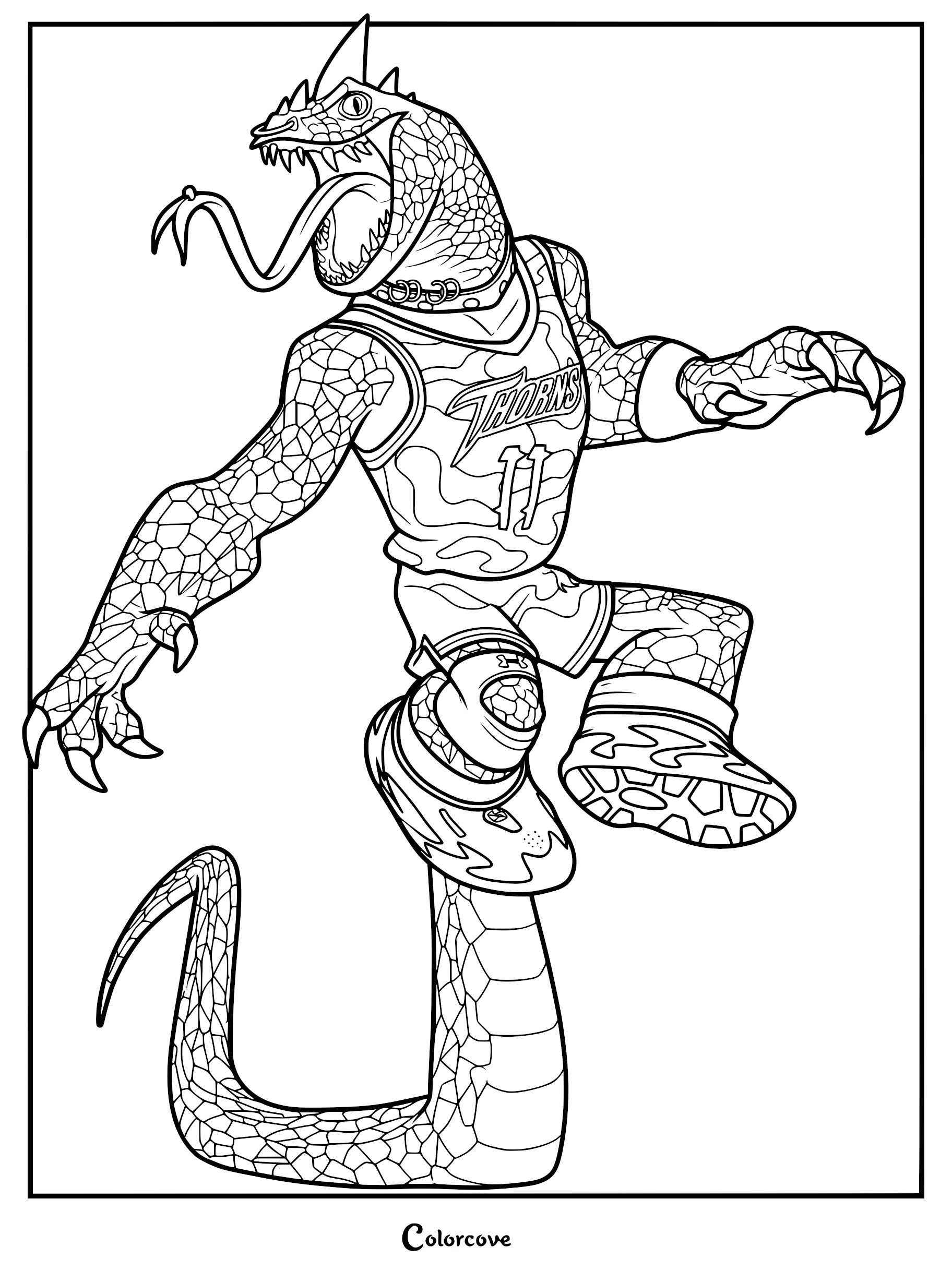 Detailed line art coloring page of Modo Olachenko, the Komodo dragon from the GOAT movie, wearing a number 11 Vineland Thorns jersey with his long forked tongue out.