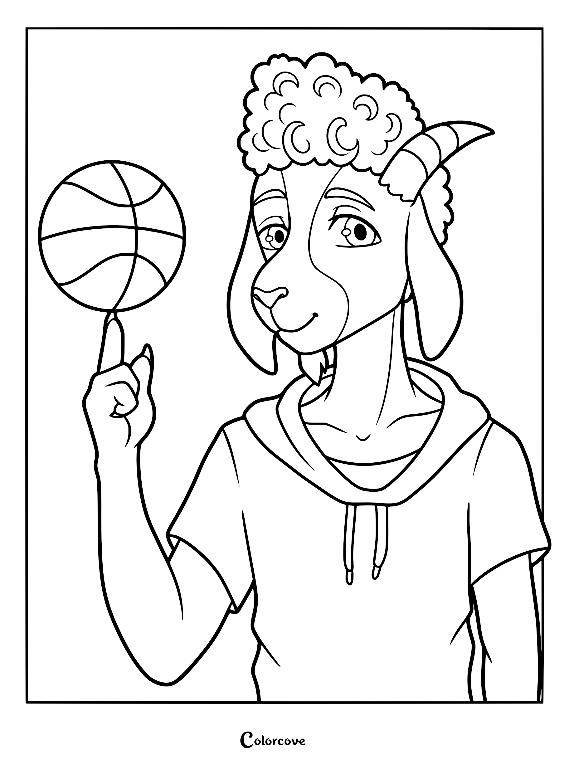 A detailed line art coloring page of Will Harris, the American Pygmy goat from the movie GOAT, spinning a roarball on his finger while wearing a hoodie.