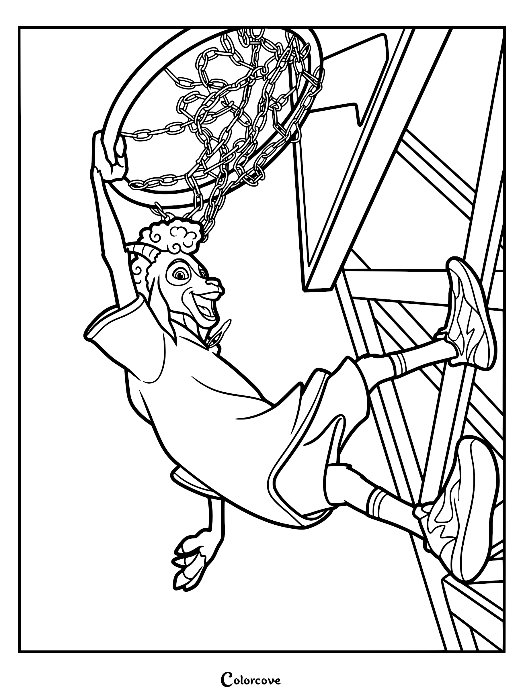 Action-packed coloring page of Will Harris the Pygmy goat swinging from a chain-link roarball hoop after a slam dunk.