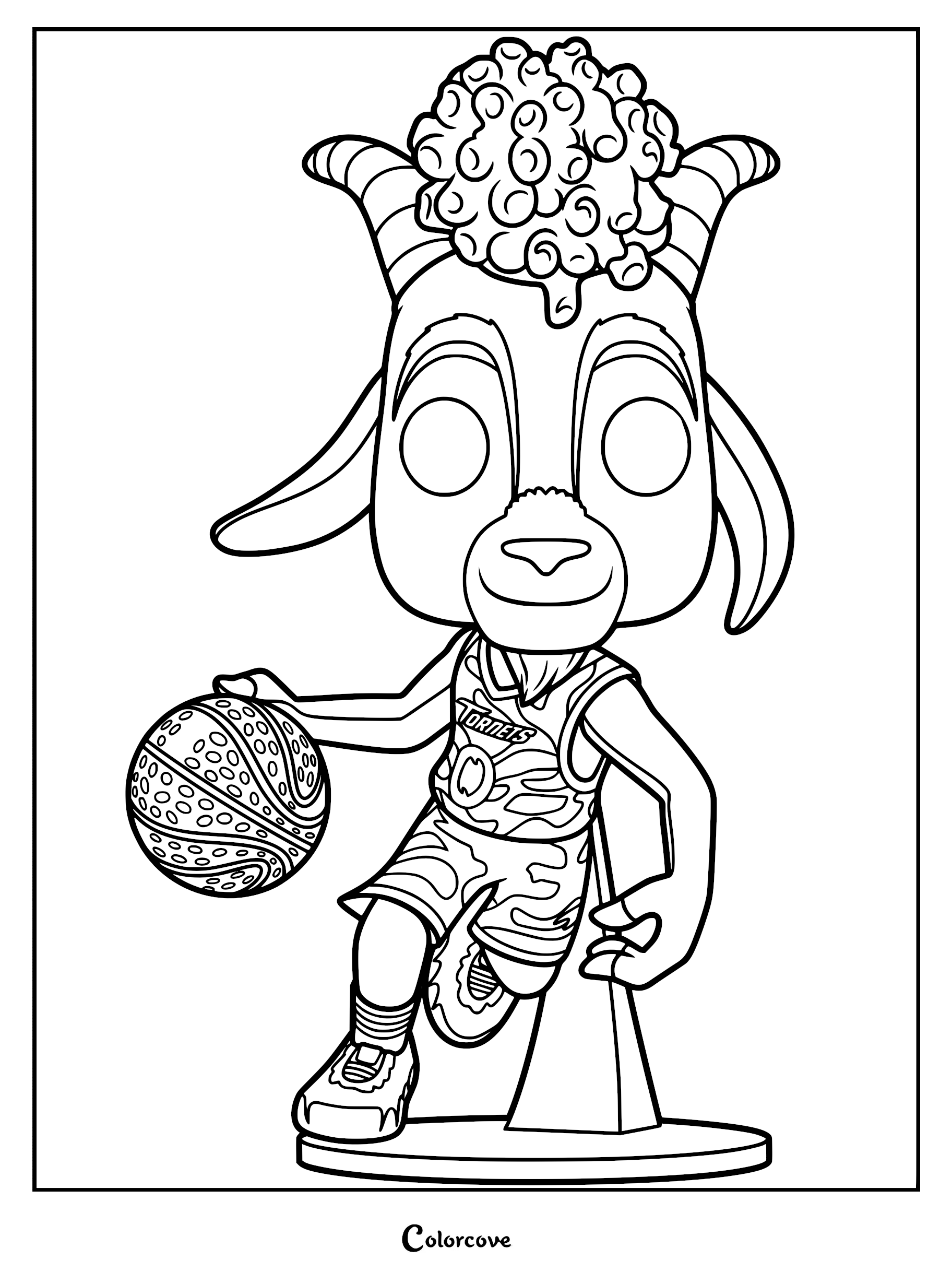 A stylized coloring page of Will Harris from the movie GOAT, shown as a collectible figure with large eyes and horns, wearing a camouflage roarball uniform and dribbling a textured ball while standing on a circular base.
