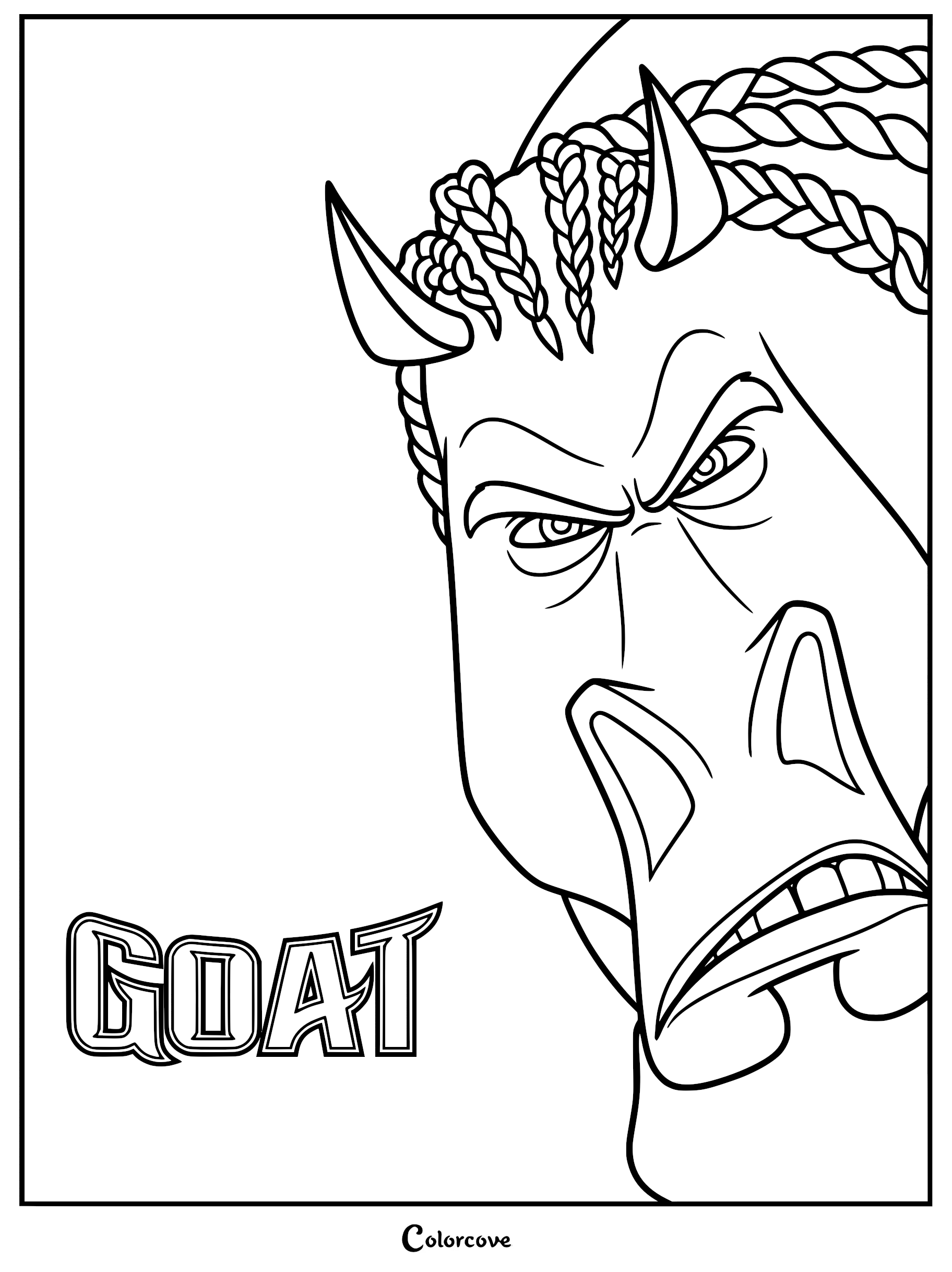 Detailed line art coloring page of Mane Attraction, the Andalusian horse from GOAT, featuring specific braided hair details and a fierce, angry scowl.