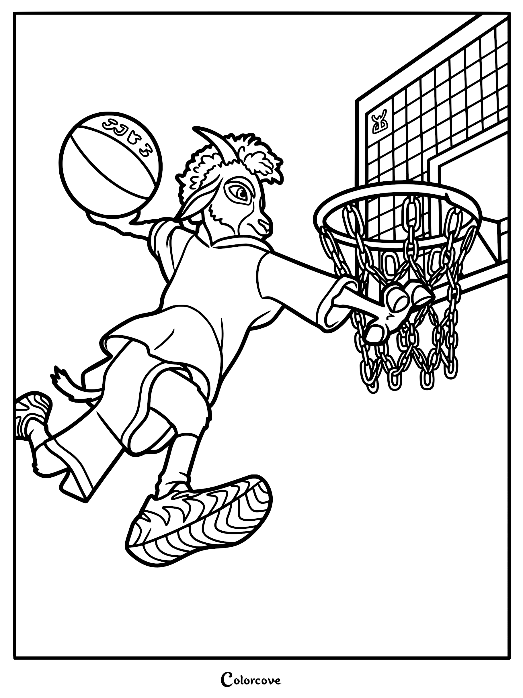 A line art coloring page of Will Harris, the pygmy goat, performing a slam dunk with a roarball. He is leaping through the air, grabbing a chain-link hoop, wearing athletic sneakers and a jersey.