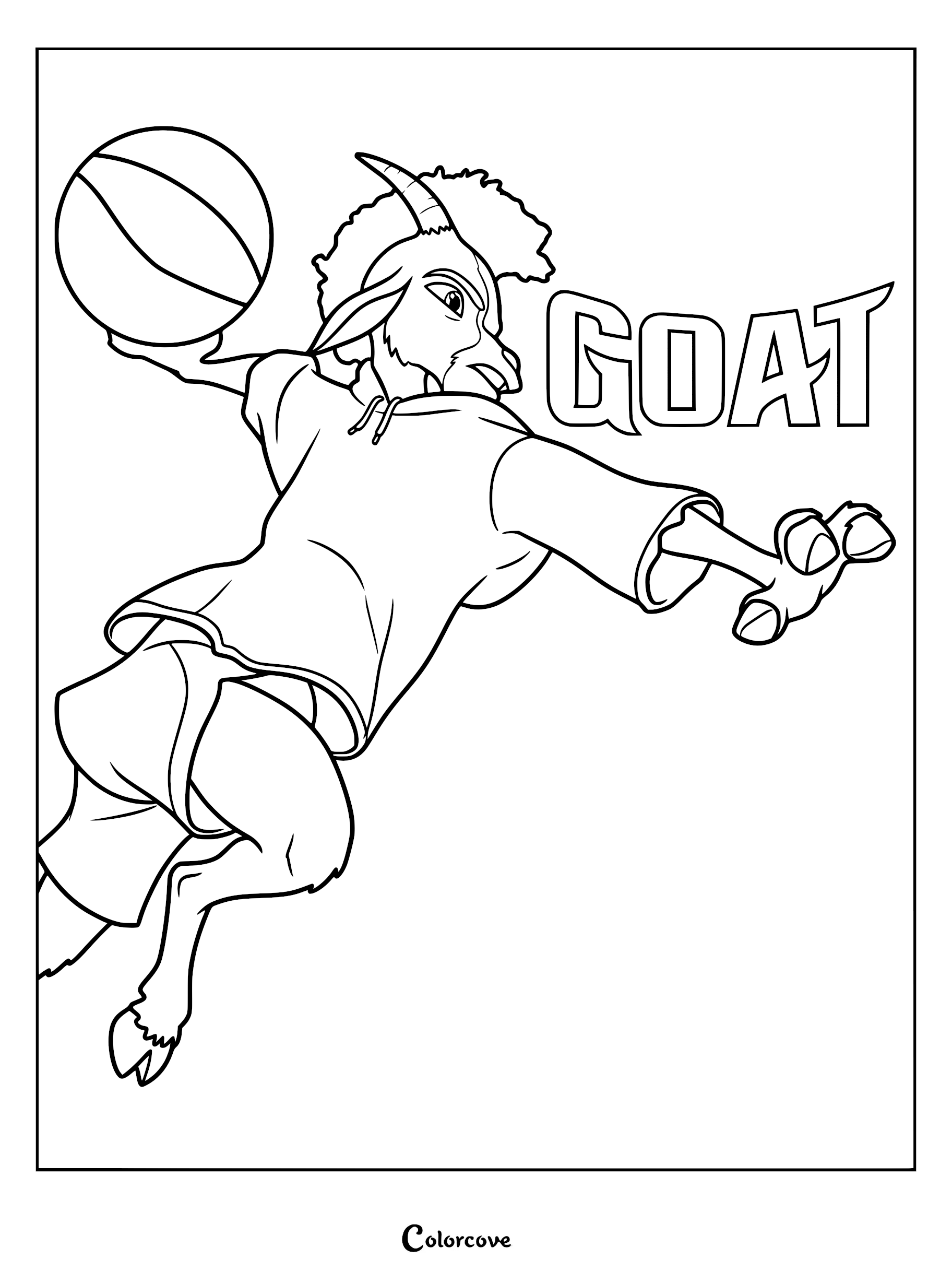 Action-packed coloring page of Will Harris, an American Pygmy goat, jumping with a roarball, wearing a loose hoodie and athletic shorts with the word GOAT written in bold block letters.