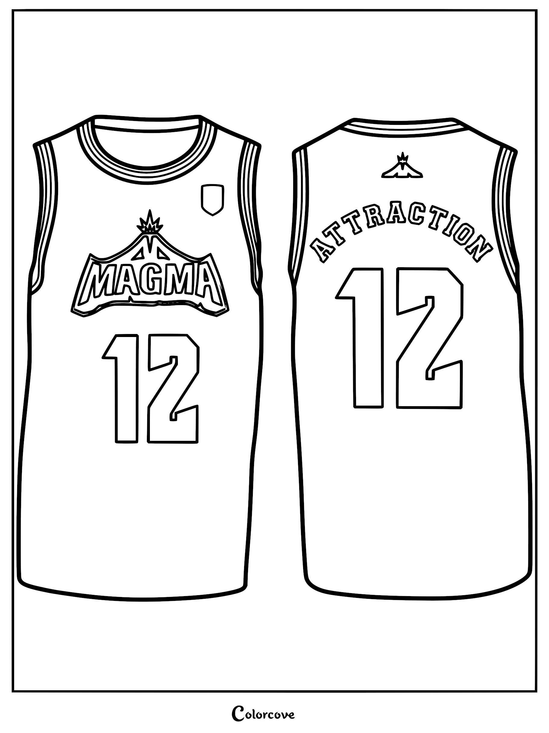 Detailed Goat movie basketball jersey coloring page featuring Magma team logo and number twelve from front and back.