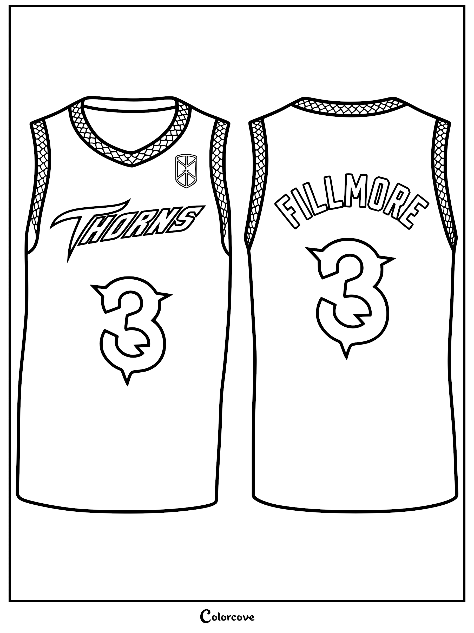 Detailed coloring page featuring the front and back of a Thorns basketball jersey with number three and Fillmore nameplate.