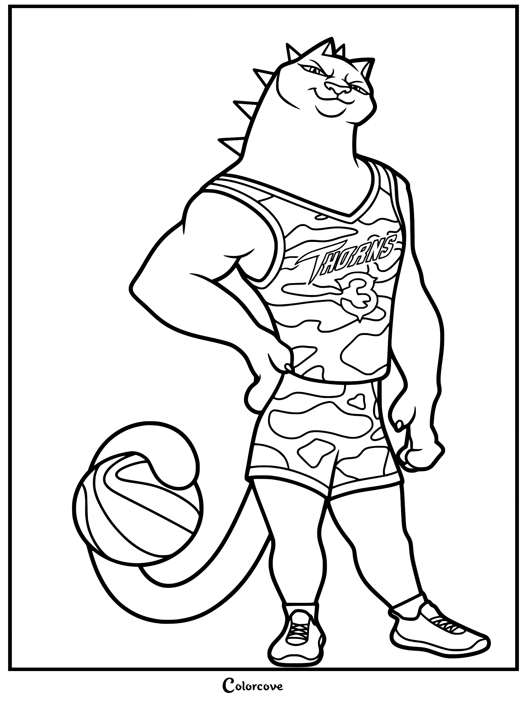 A printable coloring page featuring Jett Fillmore, the sleek Black Panther Roarball player from Goat, wearing a camo Vineland Thorns jersey with number 3 while holding a basketball with her tail.
