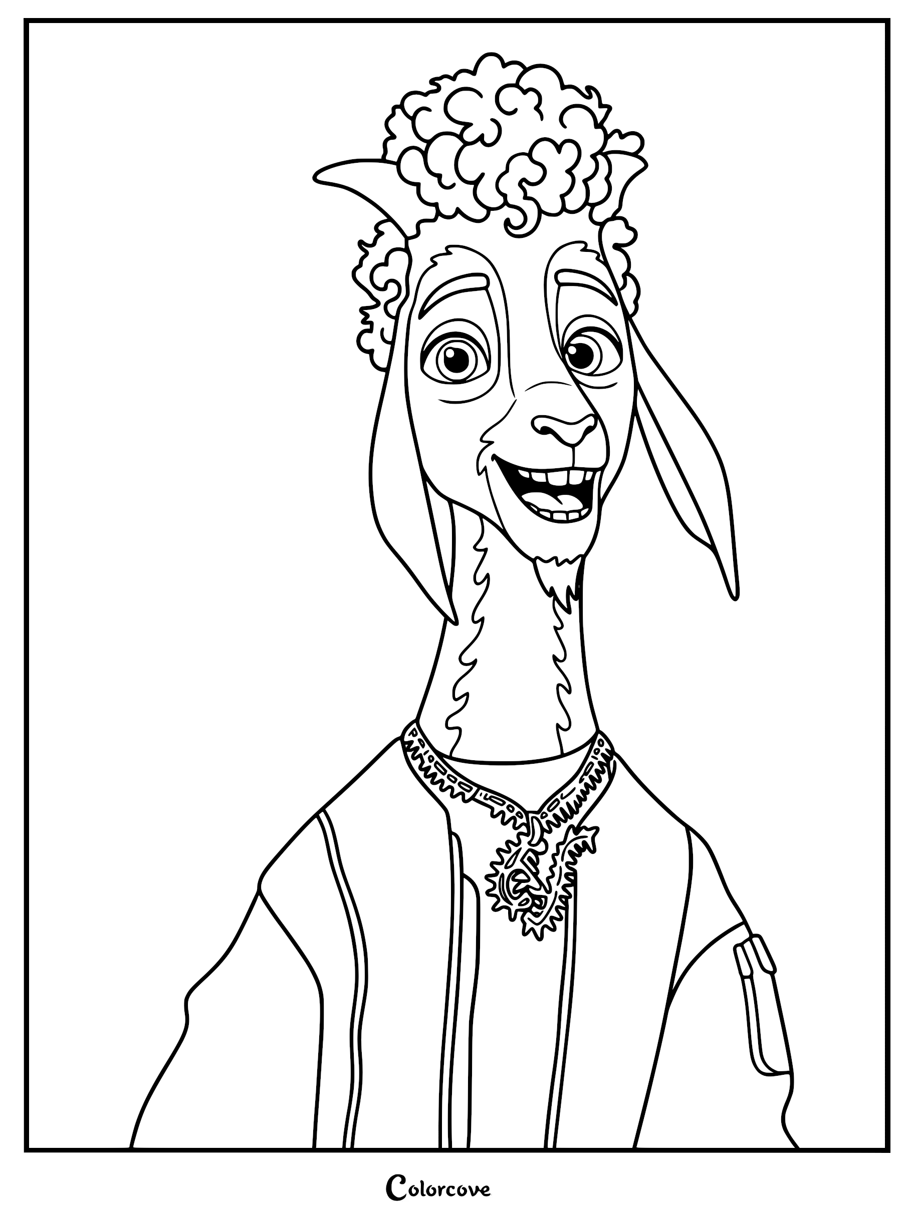 A detailed line art coloring page featuring Will Harris, the American Pygmy Goat protagonist from the Goat Movie, wearing a varsity-style jacket and a jagged necklace.