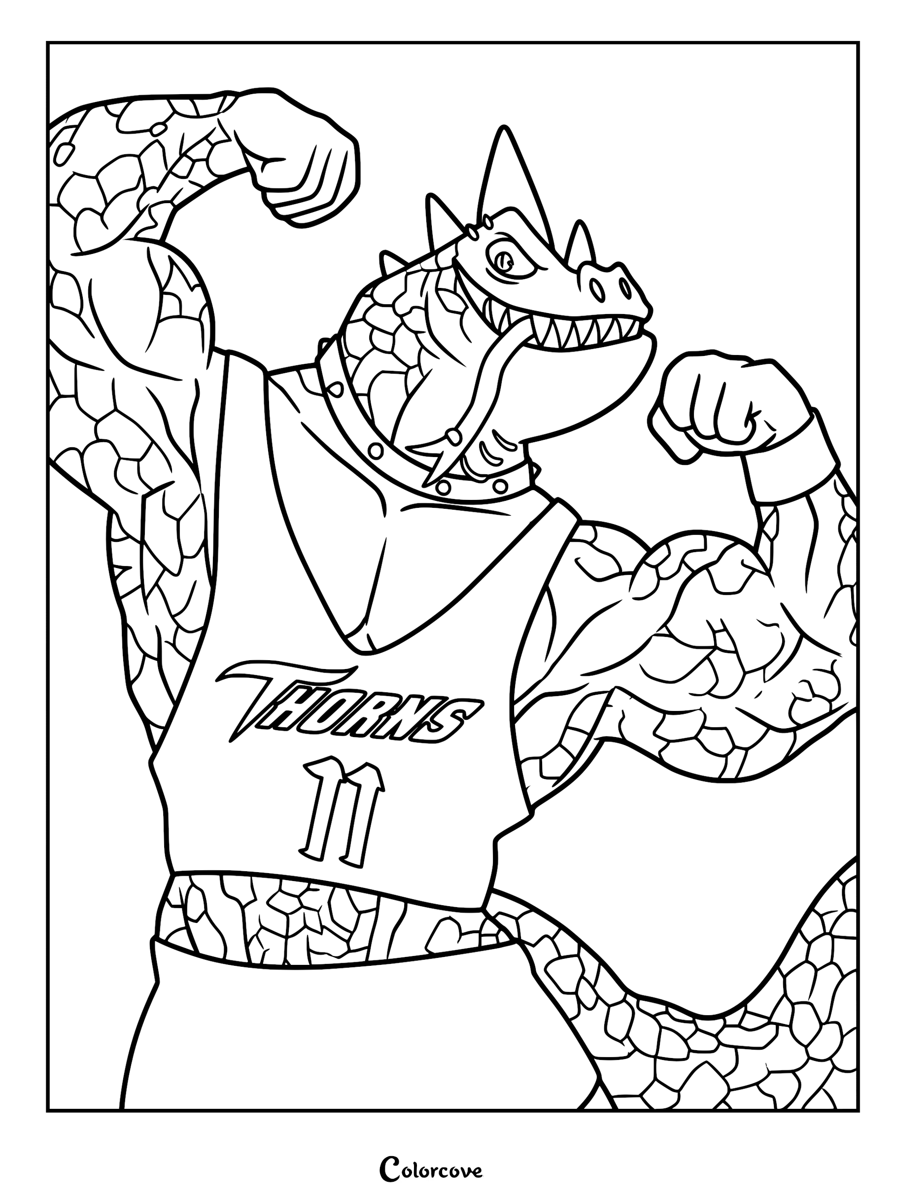 Modo Olachenko from Goat the movie as a coloring page, featuring the Komodo Dragon athlete flexing his muscular scaly arms while wearing his number 11 Vineland Thorns basketball jersey.