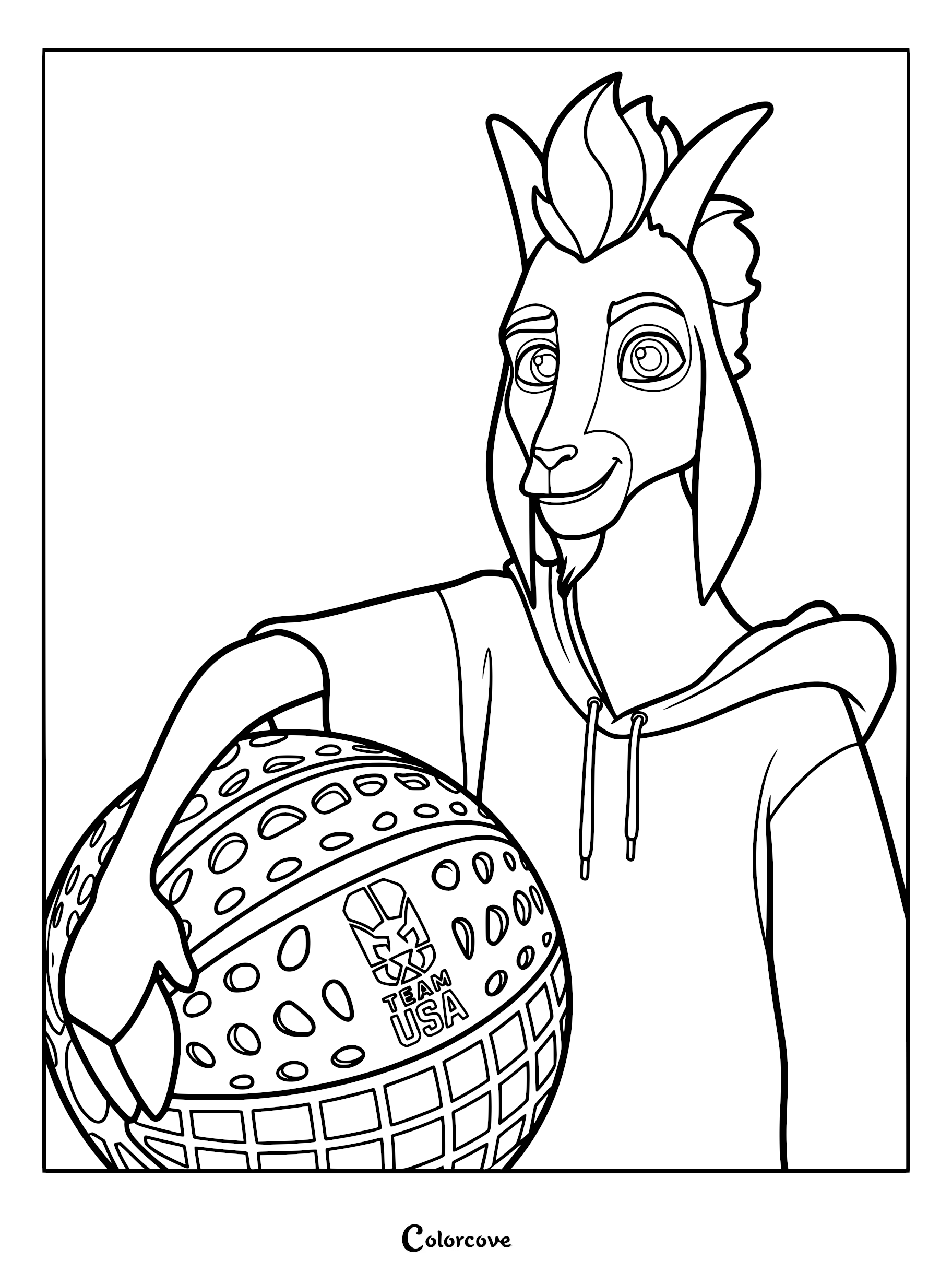 Detailed line art coloring page of Will Harris, the American Pygmy goat from the movie GOAT, wearing a hoodie and holding a Team USA roarball.