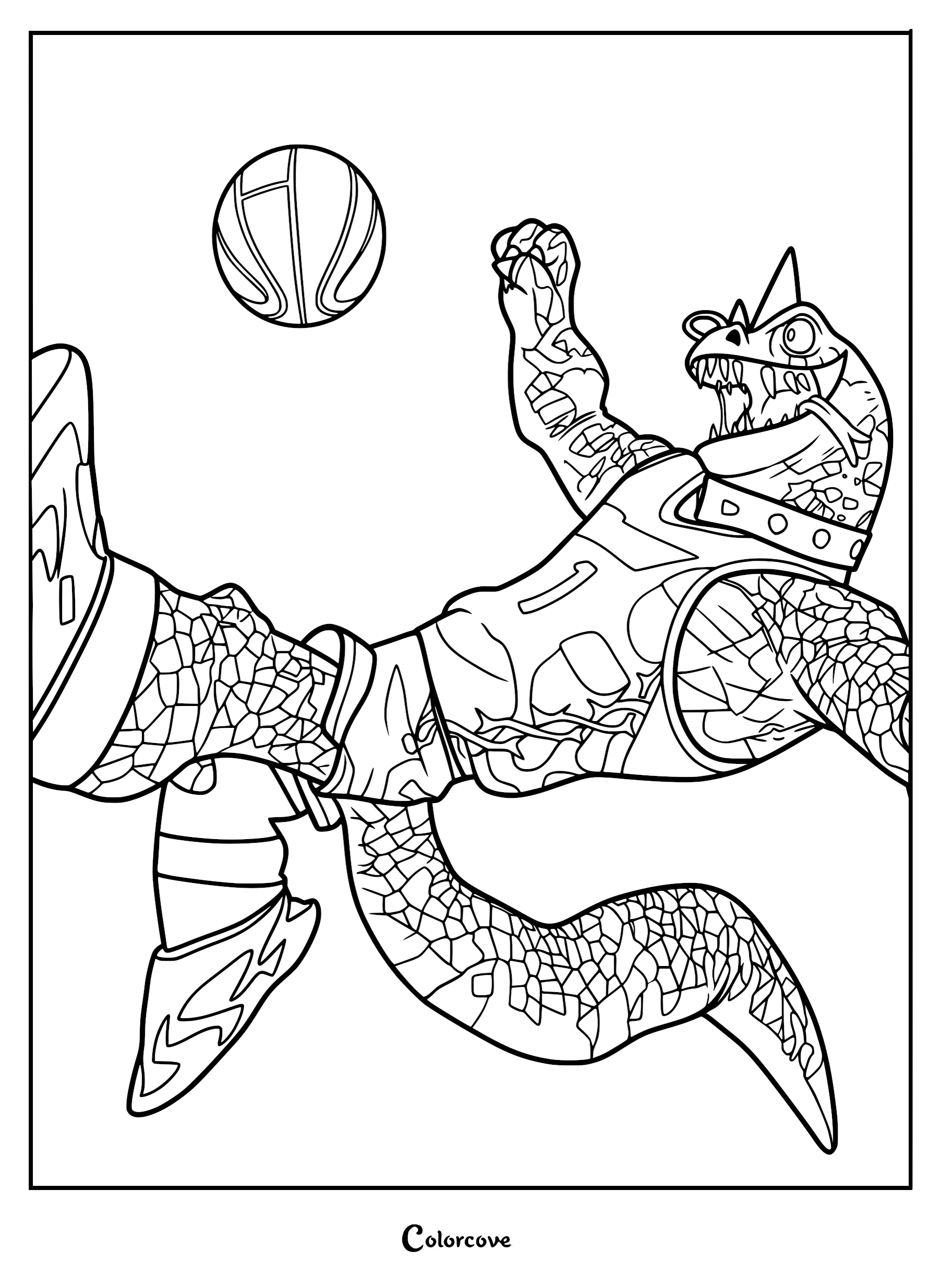 Modo Olachenko the Komodo Dragon playing Roarball in this printable coloring page, wearing a jersey and sneakers while leaping to hit the ball.