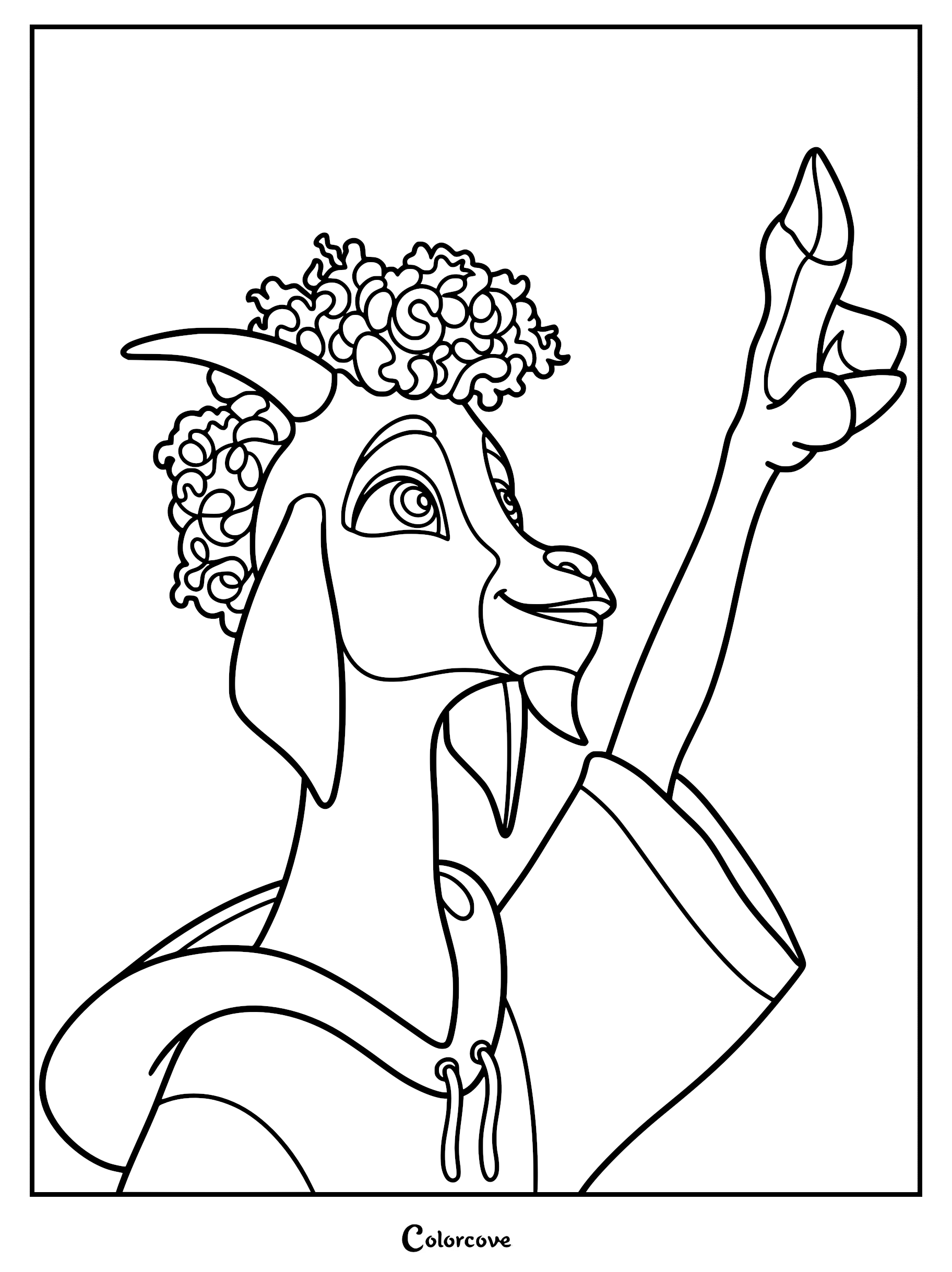 Will Harris from the Goat Movie reaching his hoof upward, wearing a hooded sweatshirt, rendered as a clean black and white line art coloring page.