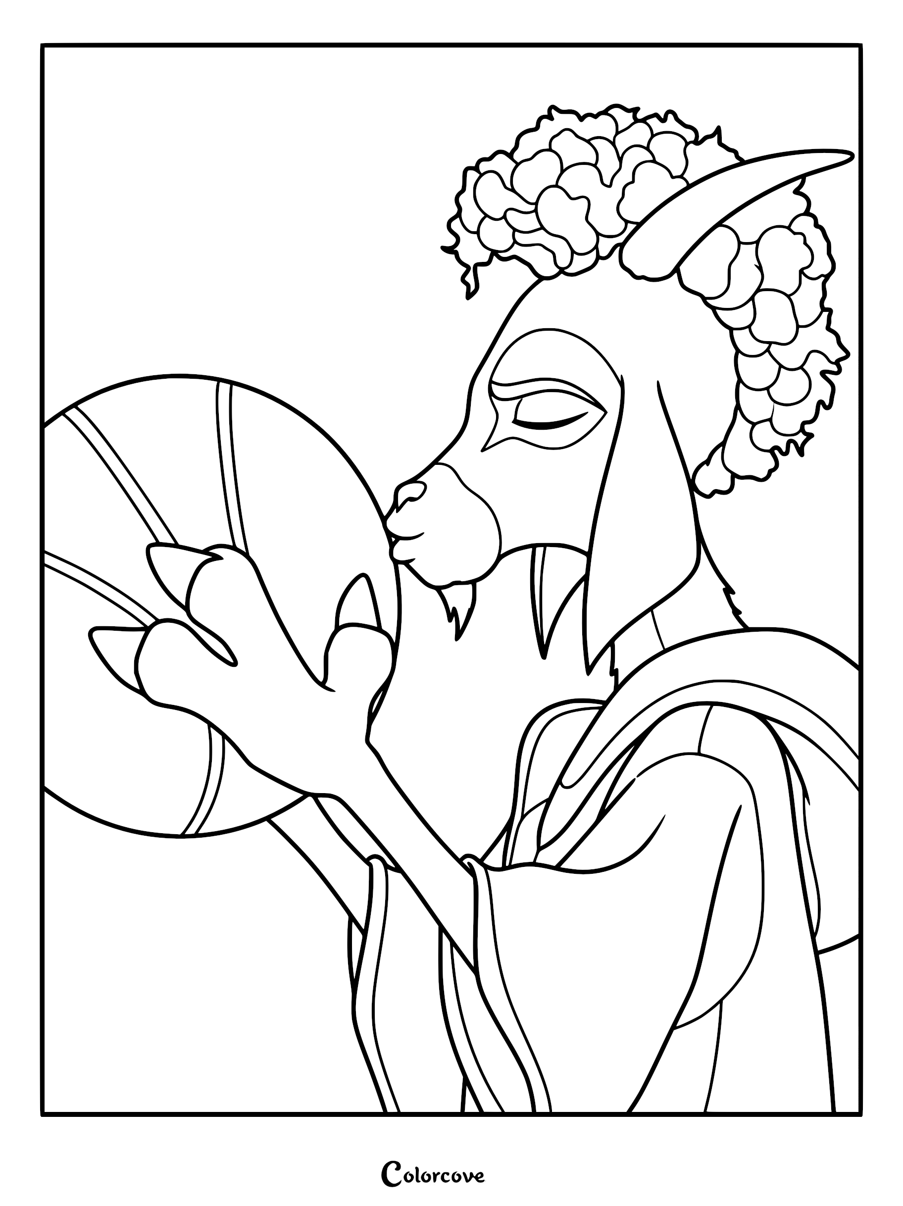 A detailed line art coloring page of Will Harris, the pygmy goat protagonist from the Goat Movie, wearing a jersey and kissing a basketball with closed eyes.