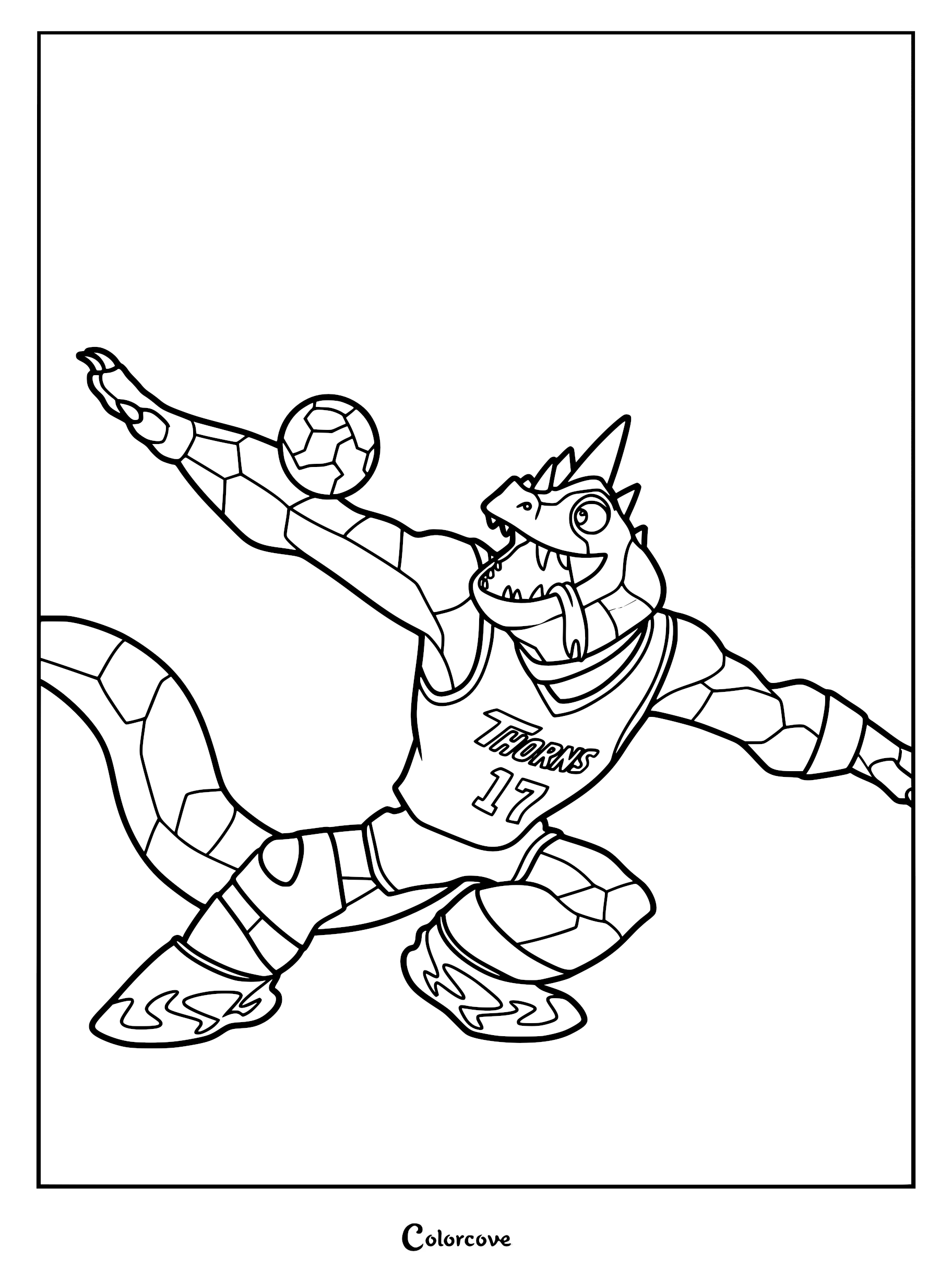 Modo Olachenko the Komodo Dragon playing Roarball, wearing a Vineland Thorns jersey number 17, high-quality black and white coloring page.