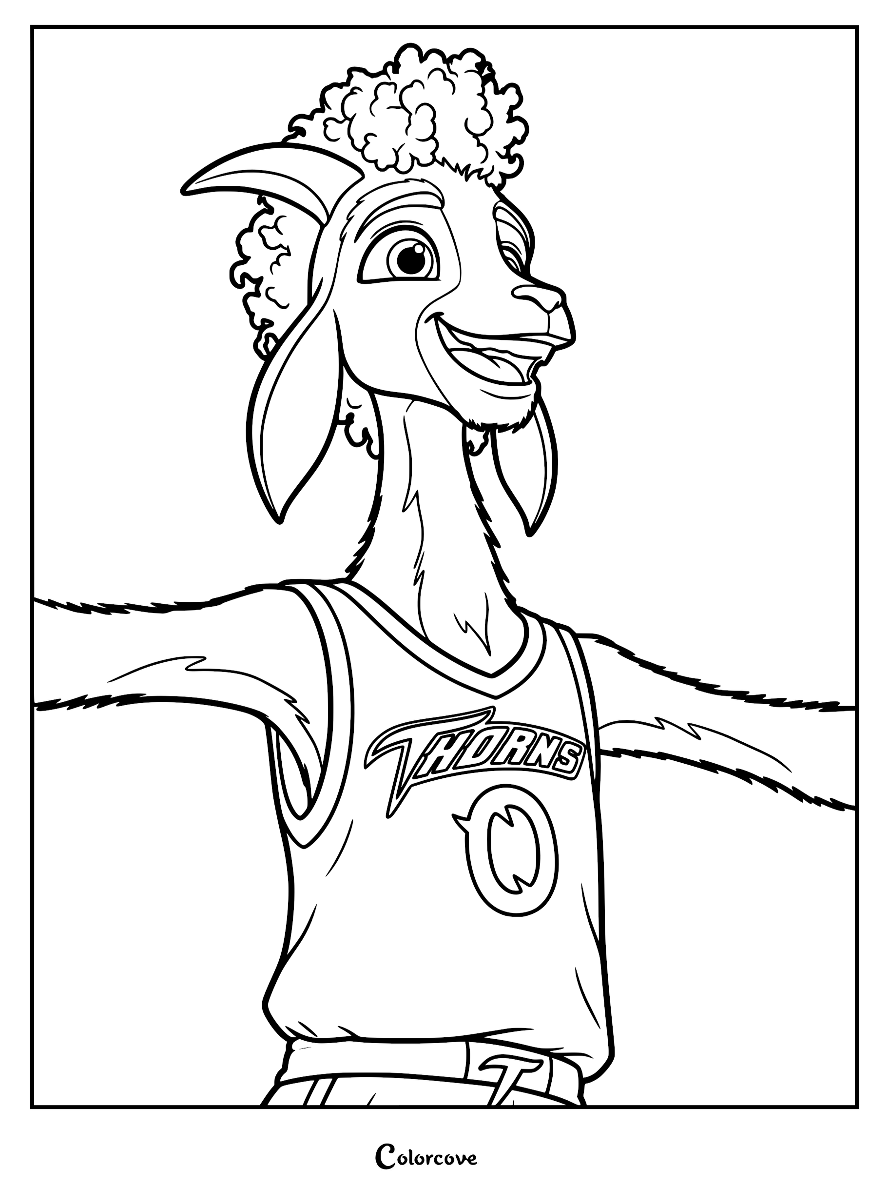 Will Harris, the American Pygmy Goat protagonist from the Goat Movie, wearing his Vineland Thorns basketball jersey, in a detailed printable coloring page.