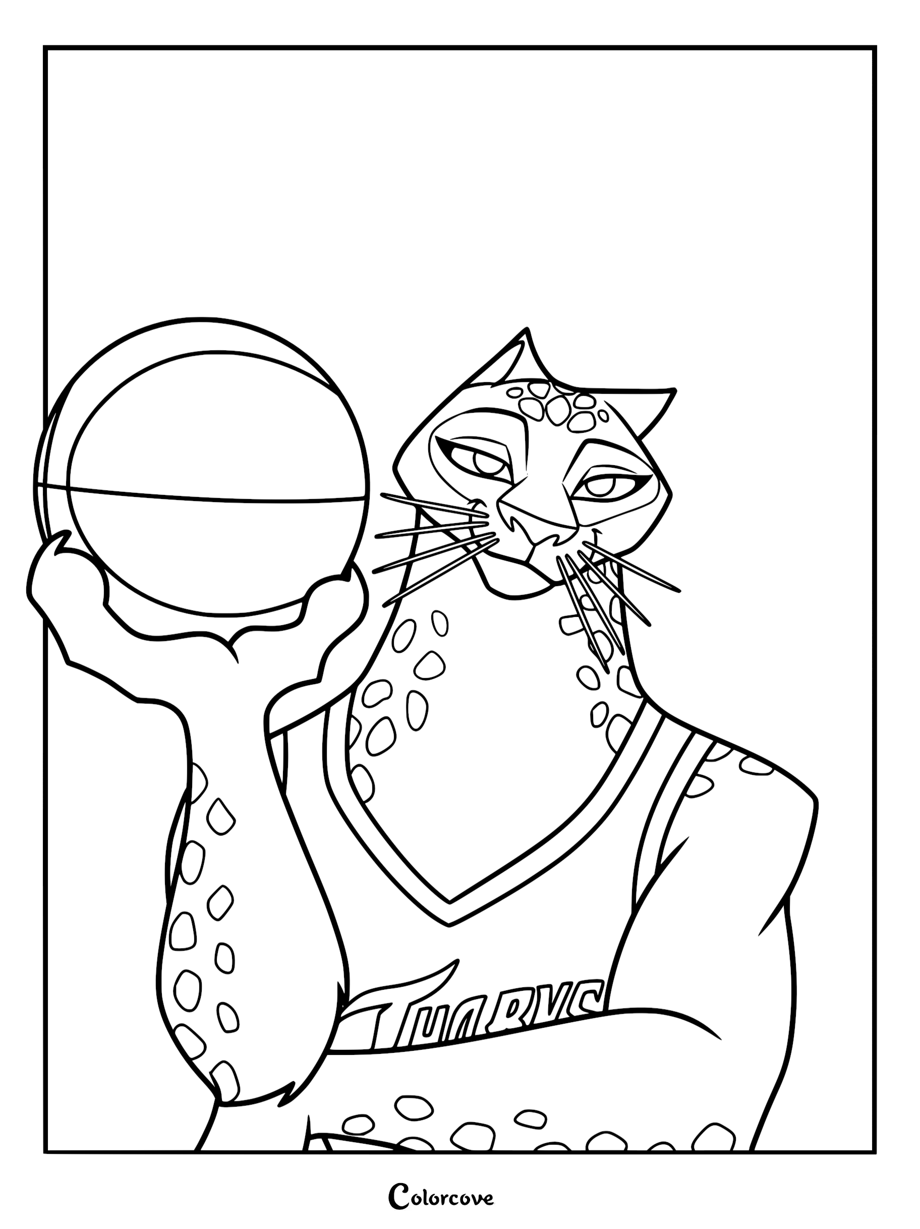 Jett Fillmore, the black panther from Goat Movie, wearing a Thorns jersey and holding a roarball in this printable coloring page.