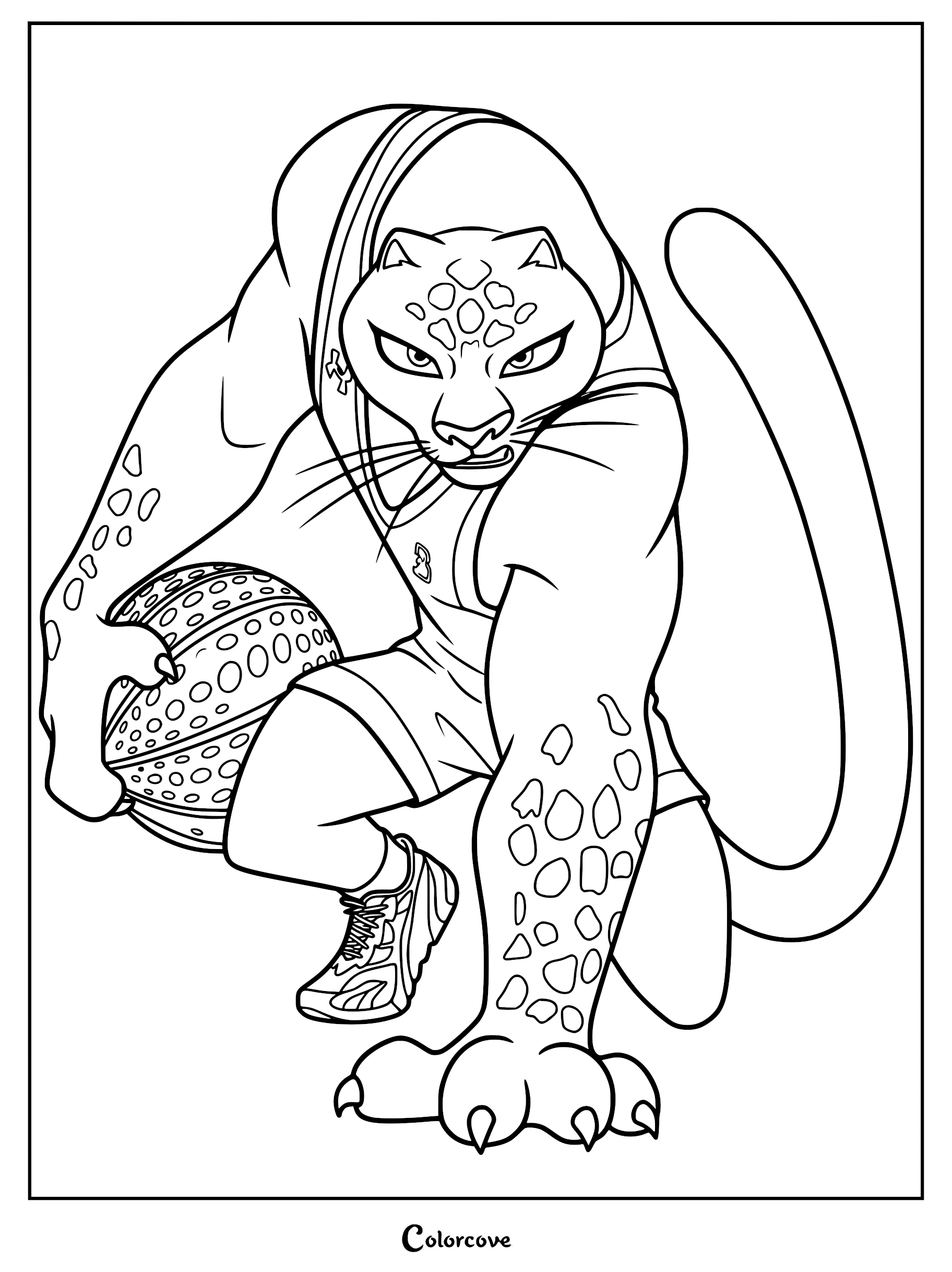Jett Fillmore, the black panther roarball star, in a dynamic athletic stance holding a ball for a printable coloring page.