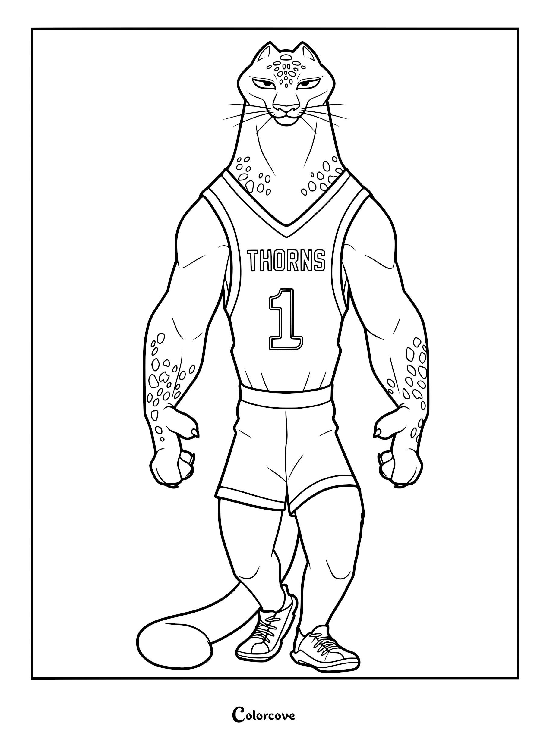 Jett Fillmore from the movie GOAT wearing a Vineland Thorns jersey with number 1 in a standing pose, black and white line art coloring page.