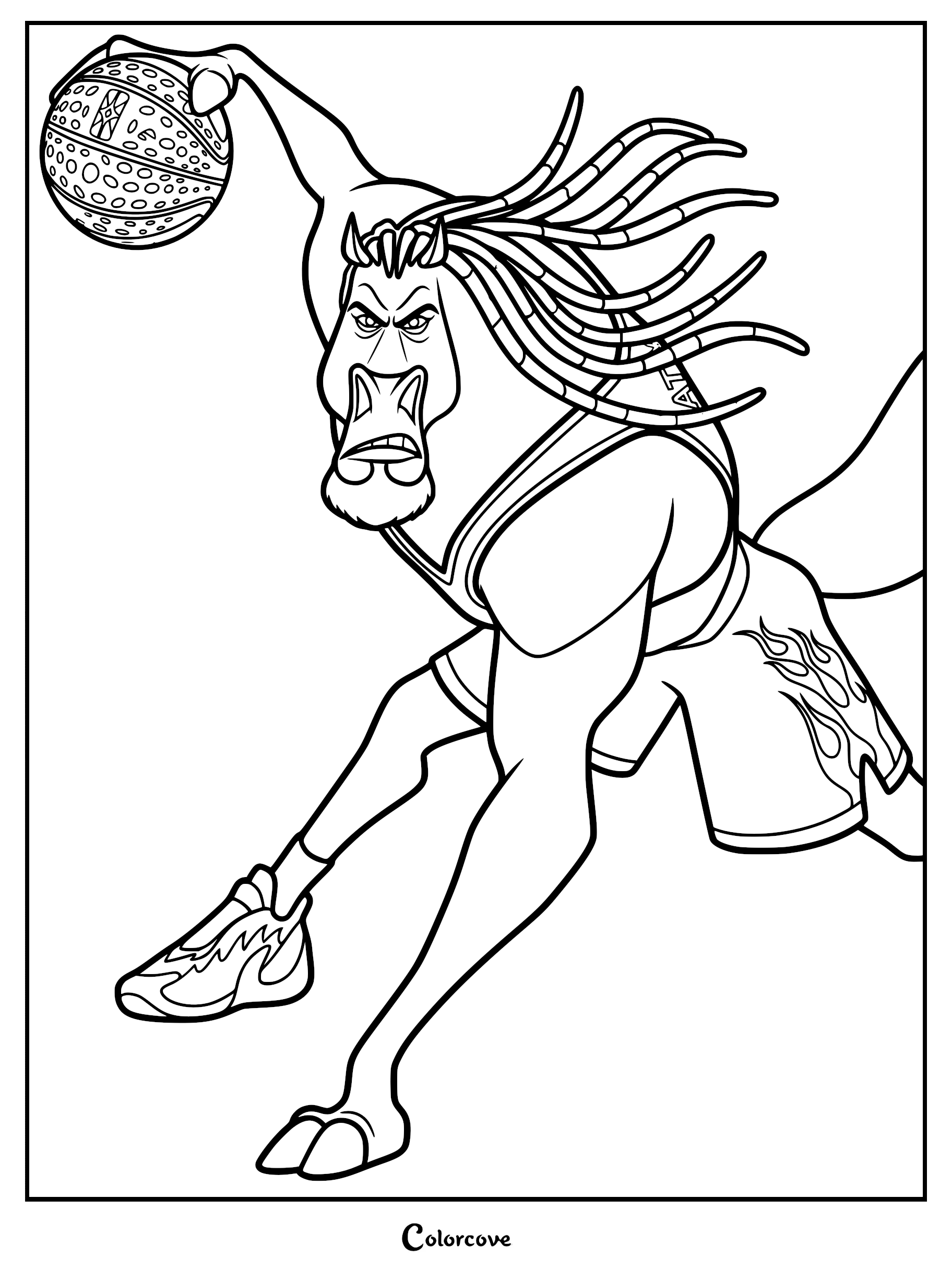 A detailed line art coloring page of Mane Attraction, the Andalusian horse from the movie GOAT, mid-leap during a roarball game wearing a jersey, flame-patterned shorts, and sneakers while palming a textured ball.