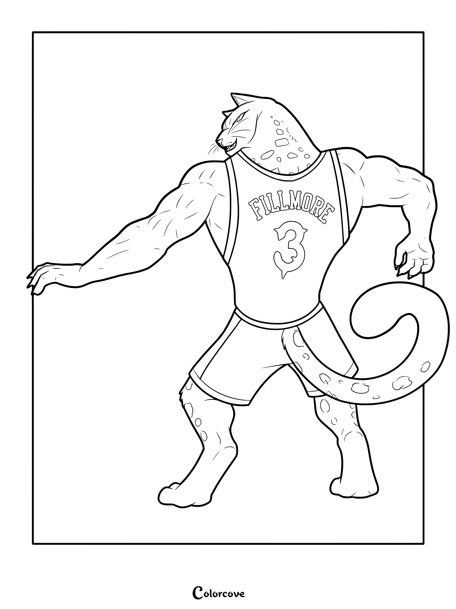 Página para colorear de Jett Fillmore mostrando a la superestrella pantera negra con una camiseta de Roarball.