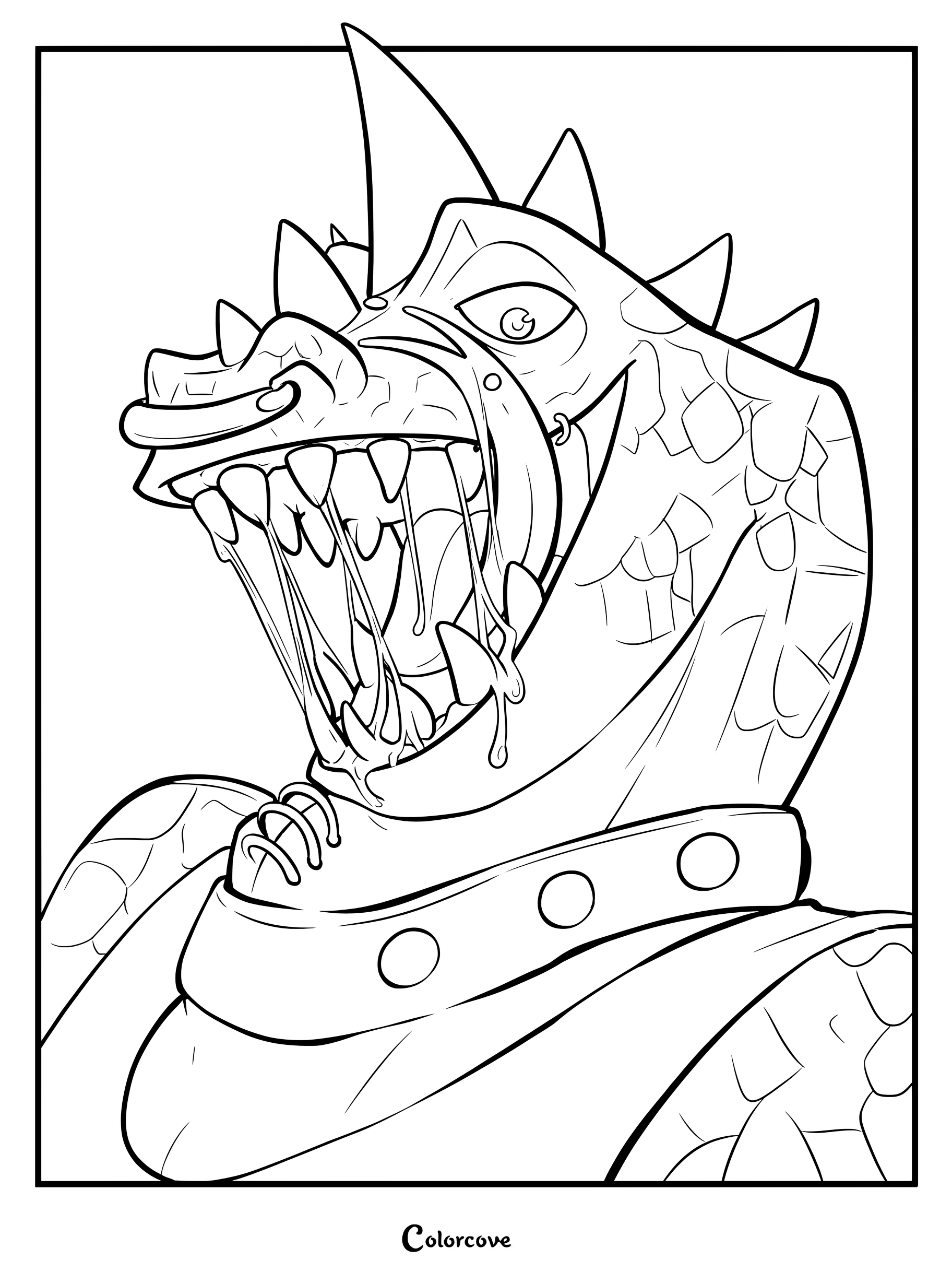 Página para colorear de Modo Olachenko que presenta al excéntrico Dragón de Komodo con piercings rugiendo de par en par.