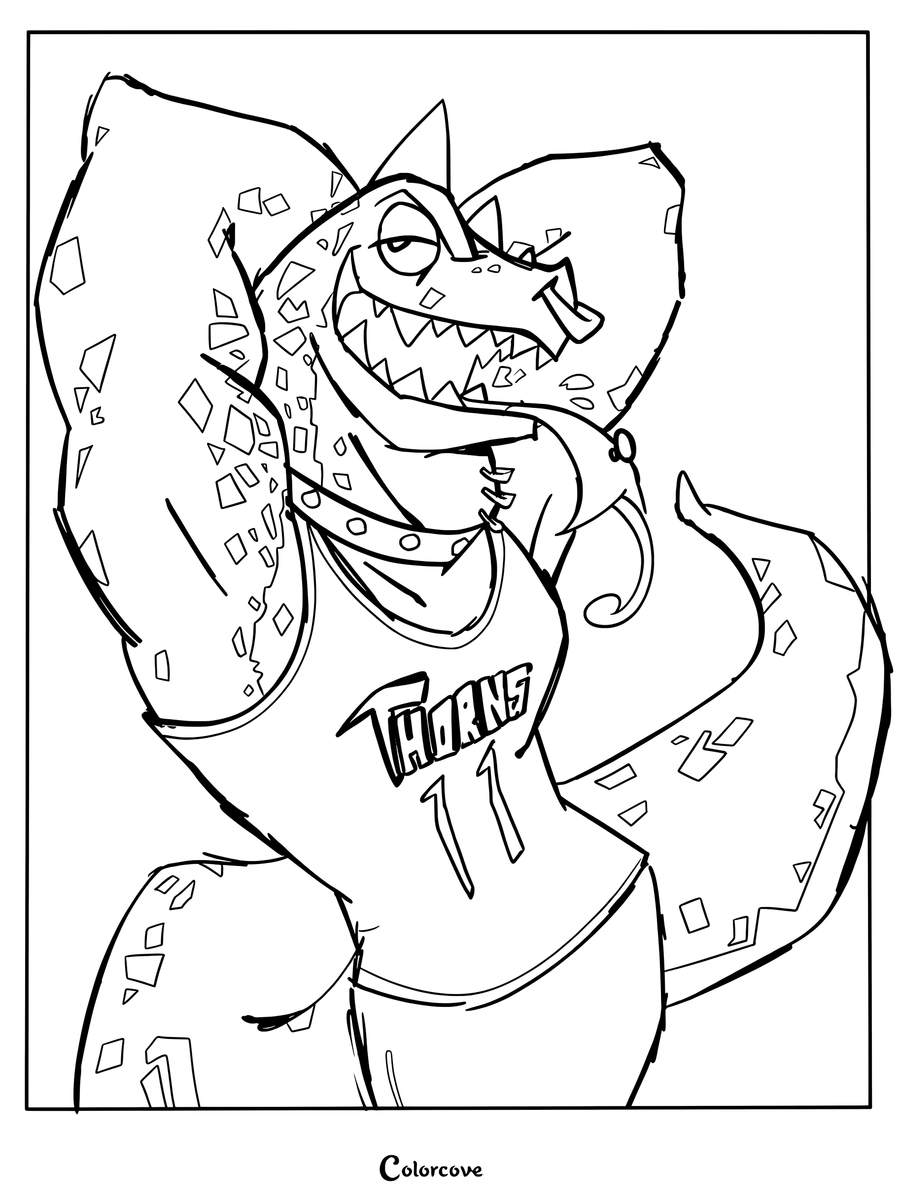Página para colorear de Modo Olachenko luciendo una camiseta de los Vineland Thorns.