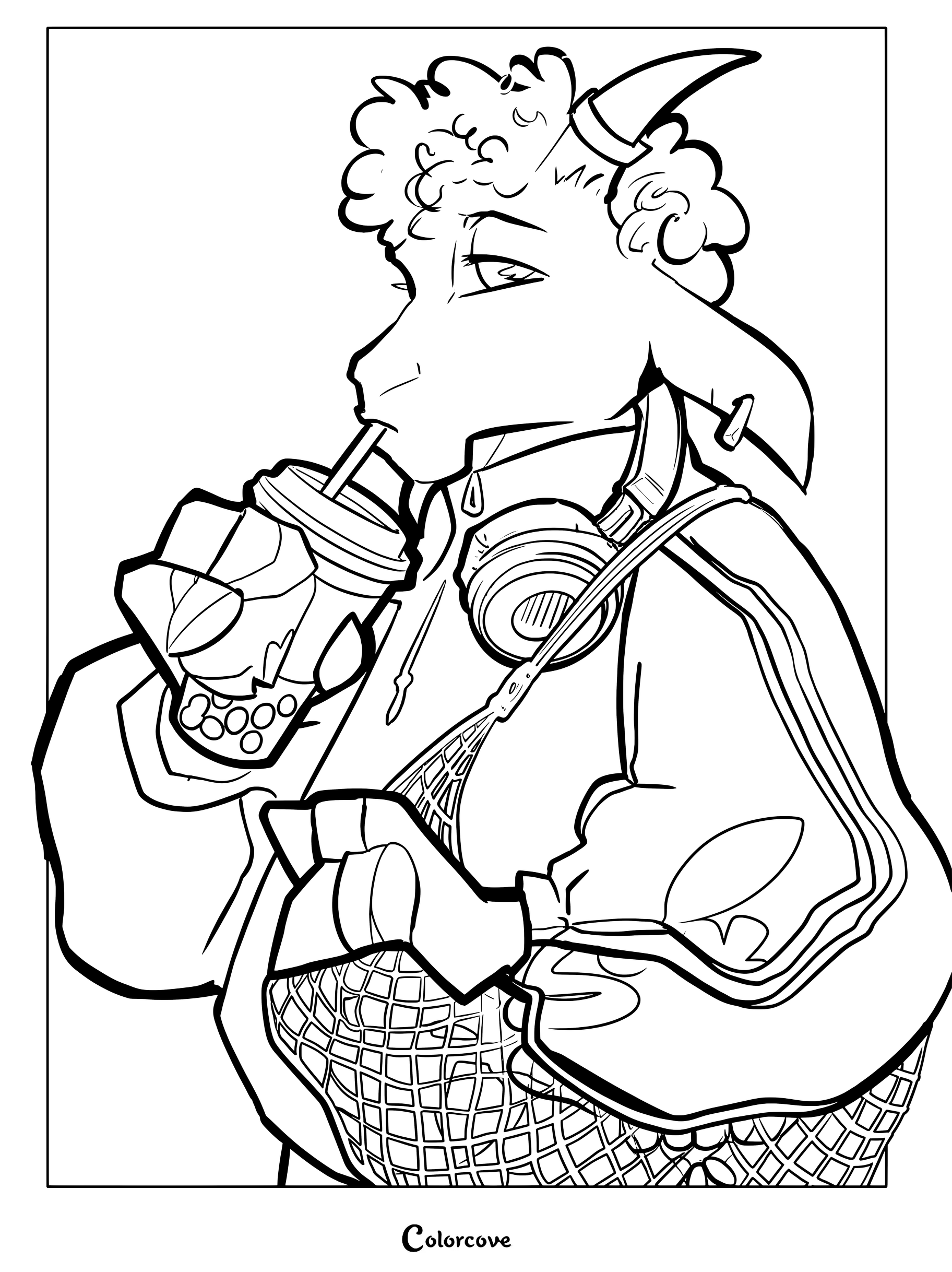 Página para colorear imprimible de Will Harris bebiendo boba con una pajita y con auriculares alrededor del cuello.