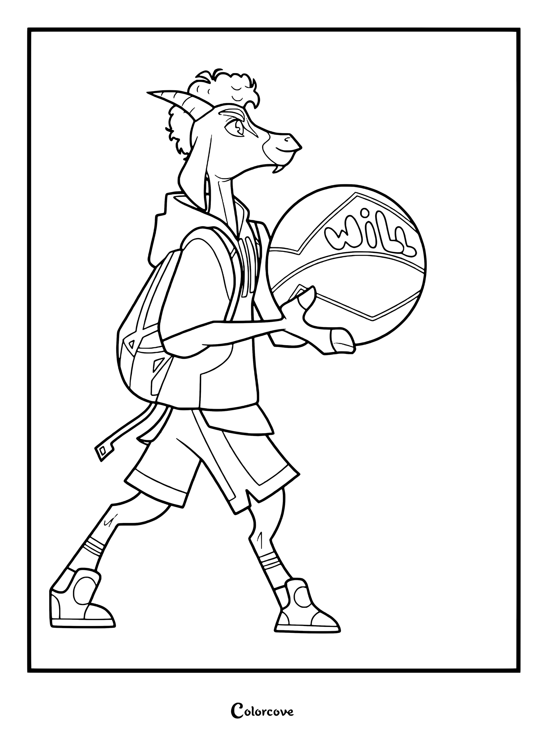 Página para colorear imprimible de Will Harris llevando un balón de Roarball mientras viste una mochila.