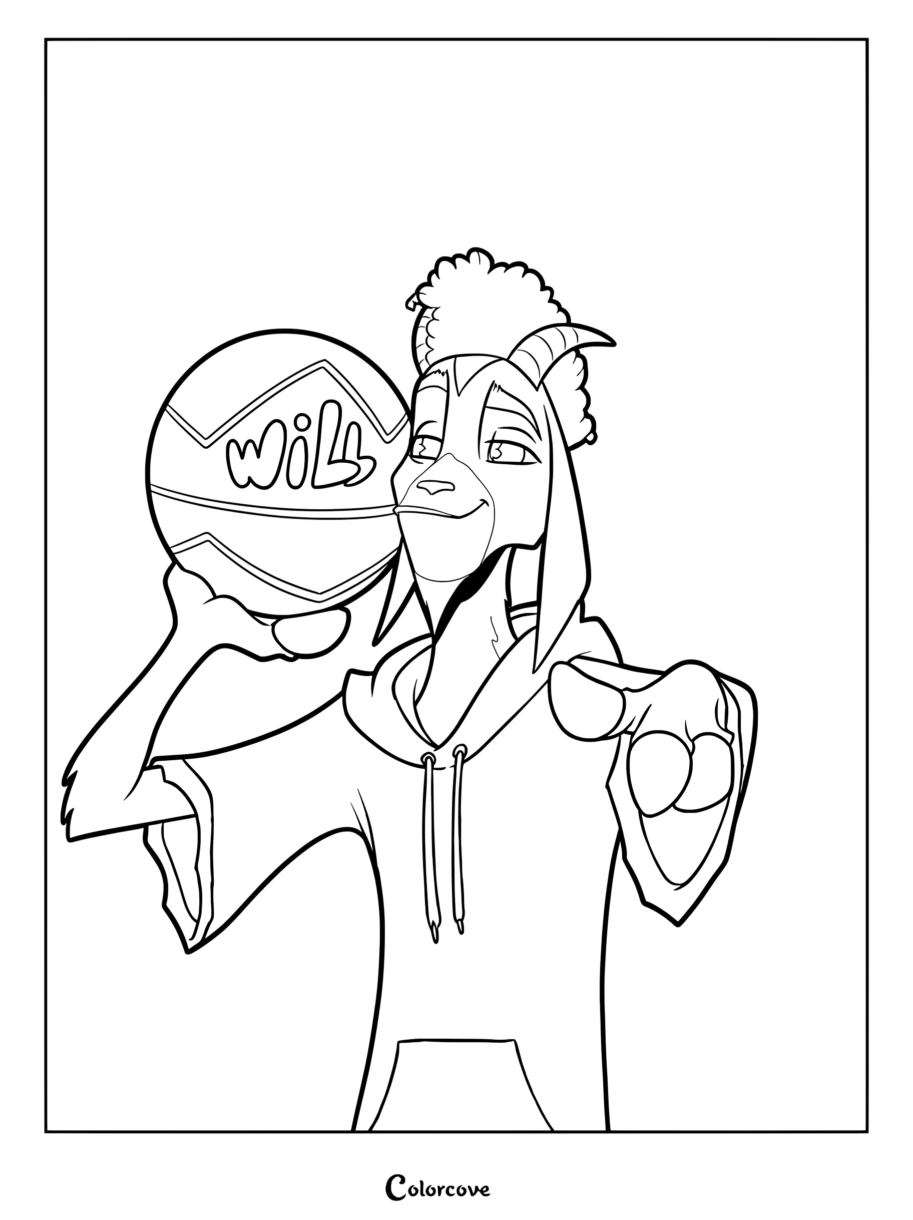 Página para colorear de Will sosteniendo un balón de Roarball y señalando hacia adelante.