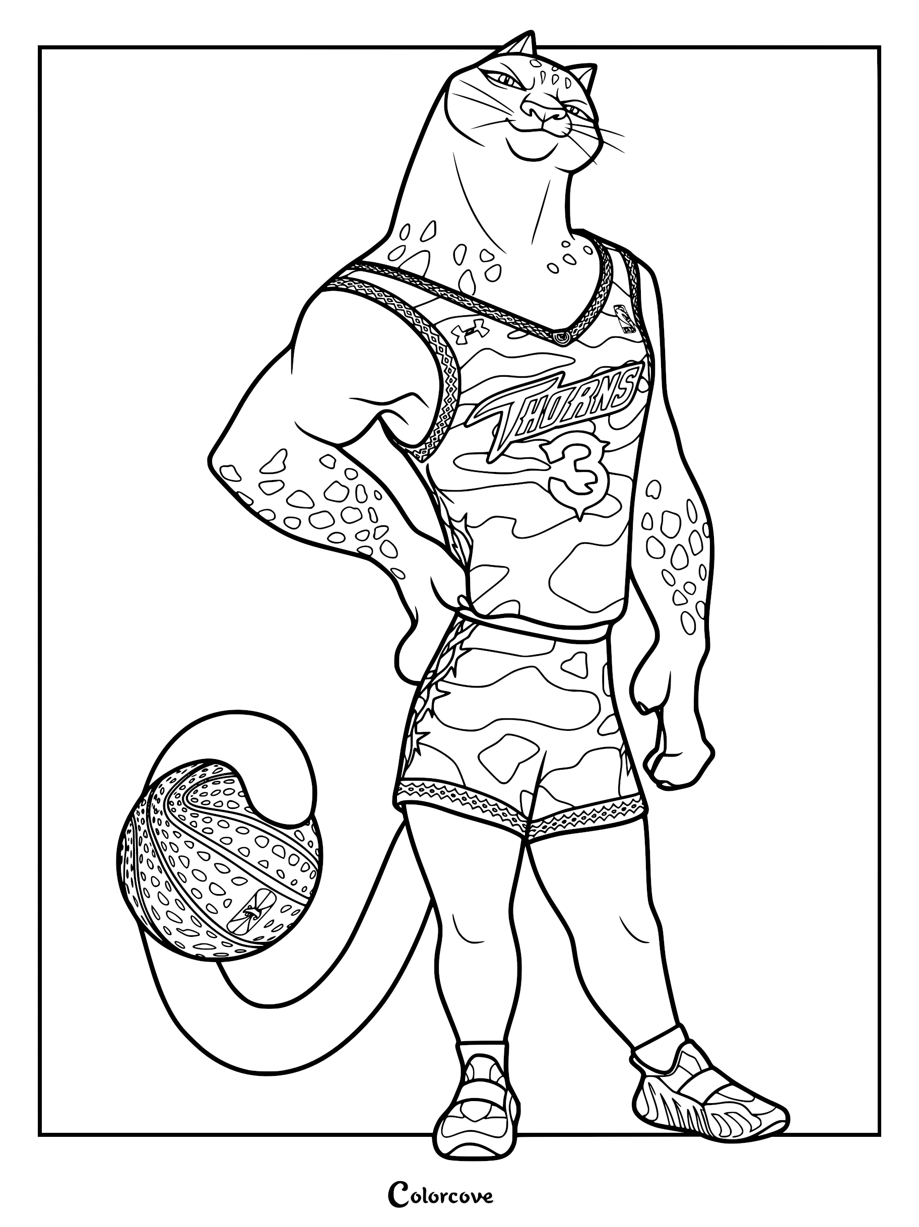 Detailed line art coloring page of Jett Fillmore, the black panther star from the GOAT movie, wearing a Thorns jersey and holding a roarball with his tail.