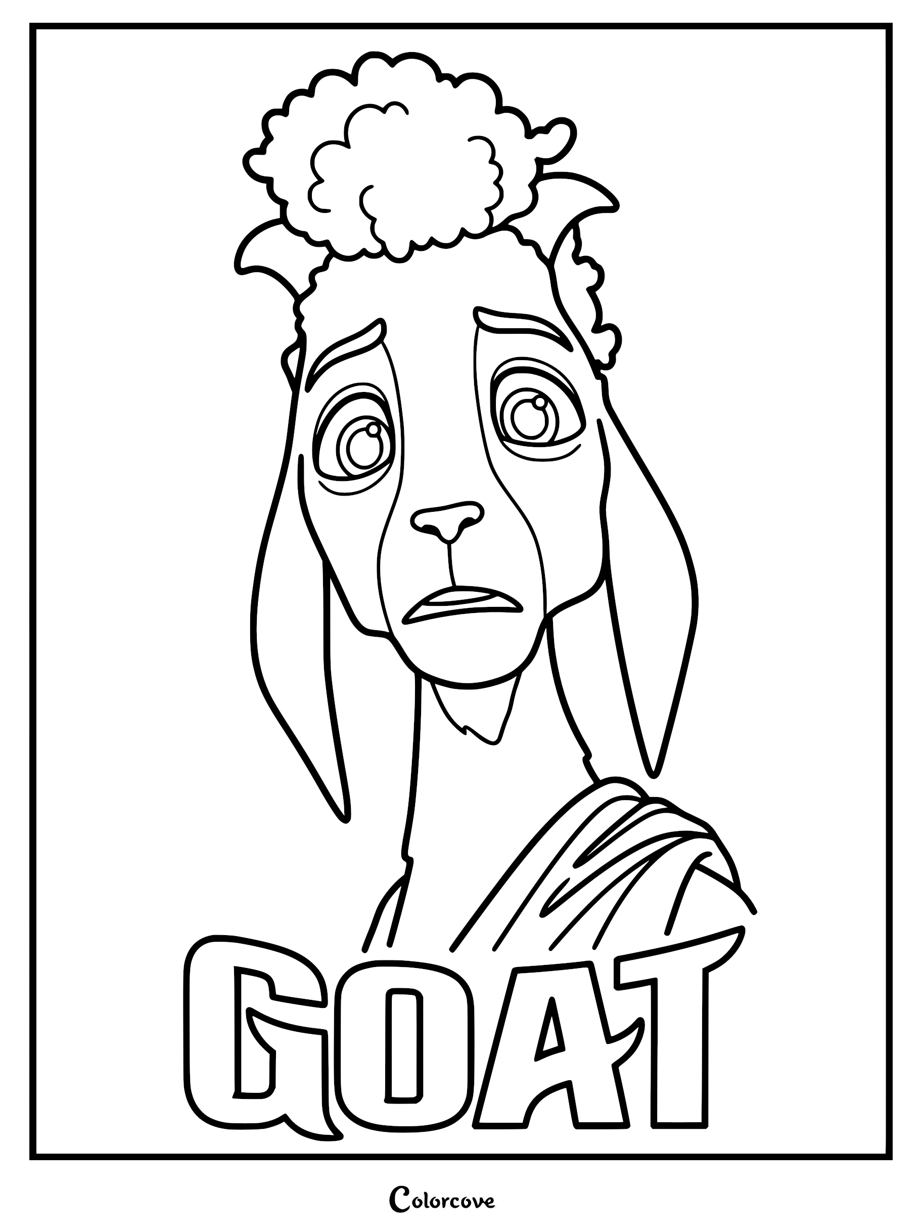 Detailed coloring page of Will Harris, the American Pygmy goat from the movie GOAT, featuring his fluffy hair tuft and sad expression.