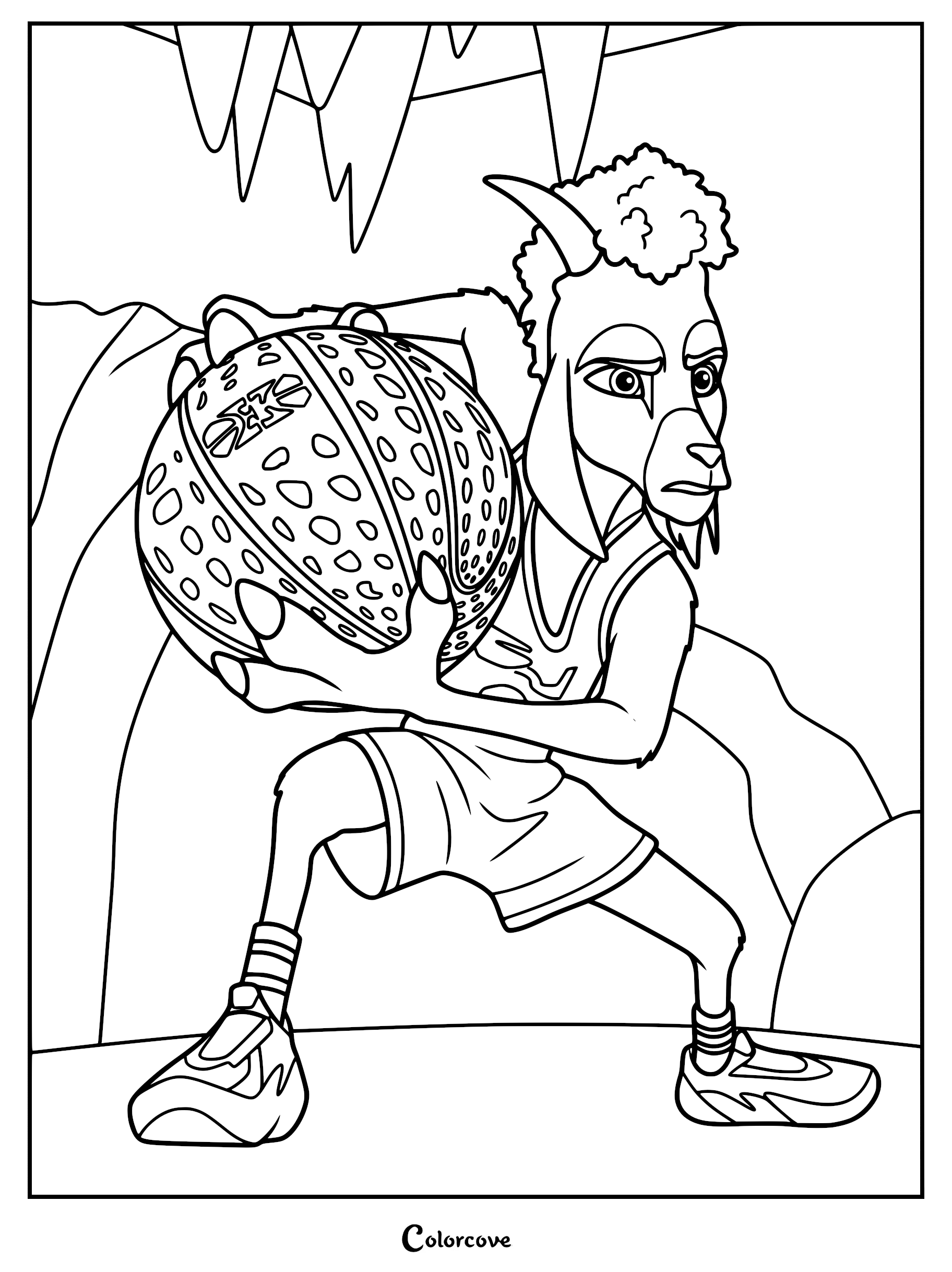 Line art coloring page of Will Harris, an American Pygmy goat from the movie GOAT, crouching low and clutching a textured roarball in a cave setting with stalactites.
