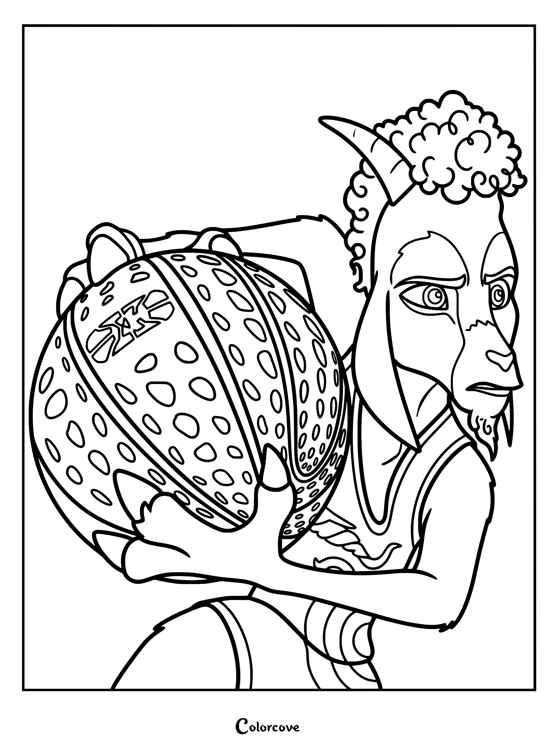 Detailed line art coloring page of Will Harris, a pygmy goat from the movie GOAT, firmly clutching a textured roarball. The scene features his expressive eyes, curly hair, and small horns while he wears his Vineland Thorns jersey.