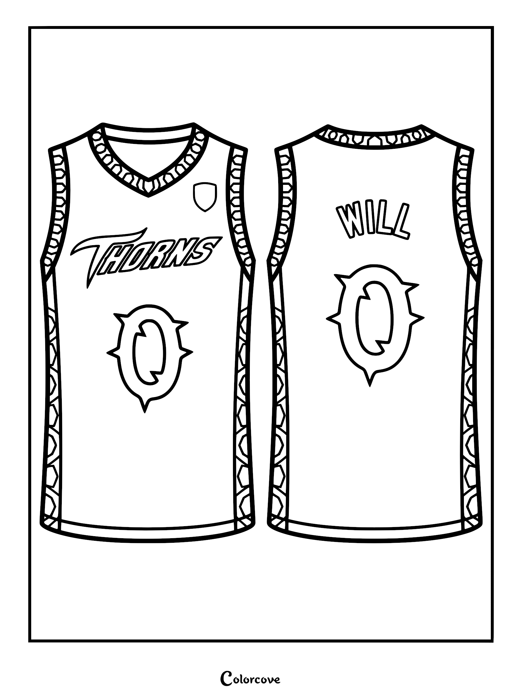 Line art coloring page of Will Harris's Vineland Thorns roarball jersey. The illustration shows both the front and back views with a thorny number zero, team logo, and hexagonal side-panel patterns.