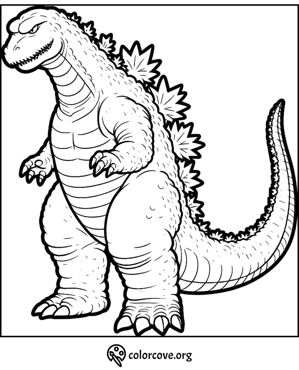 Coloring page of a detailed Godzilla standing upright with spikes on its back. Perfect for kids and Godzilla fans to color.