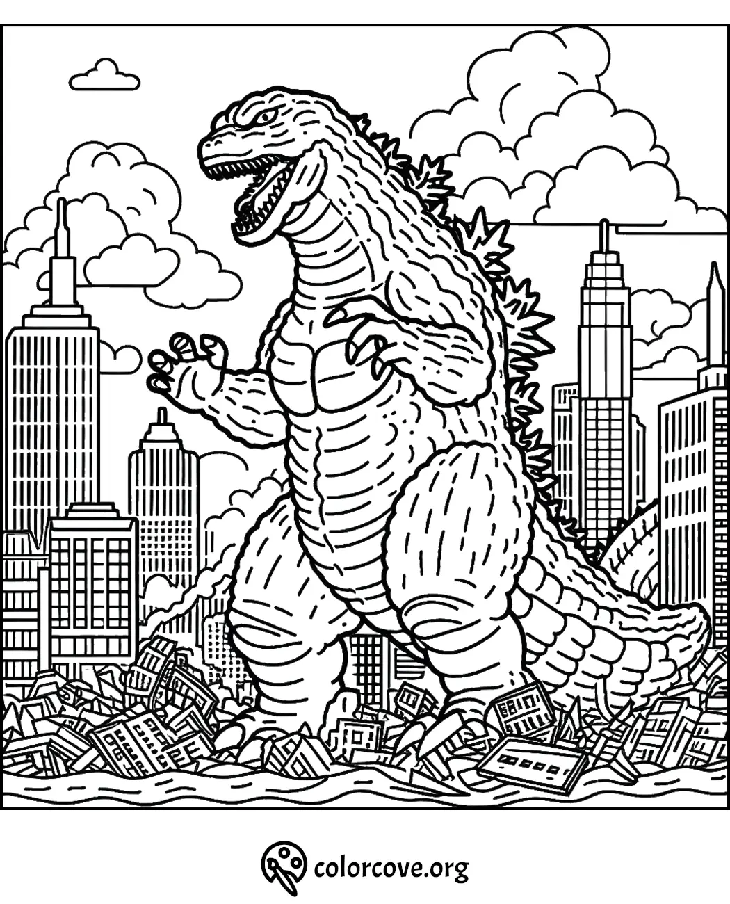 Giant monster rampaging through a city coloring page with skyscrapers and smoke. Free printable at colorcove.org.