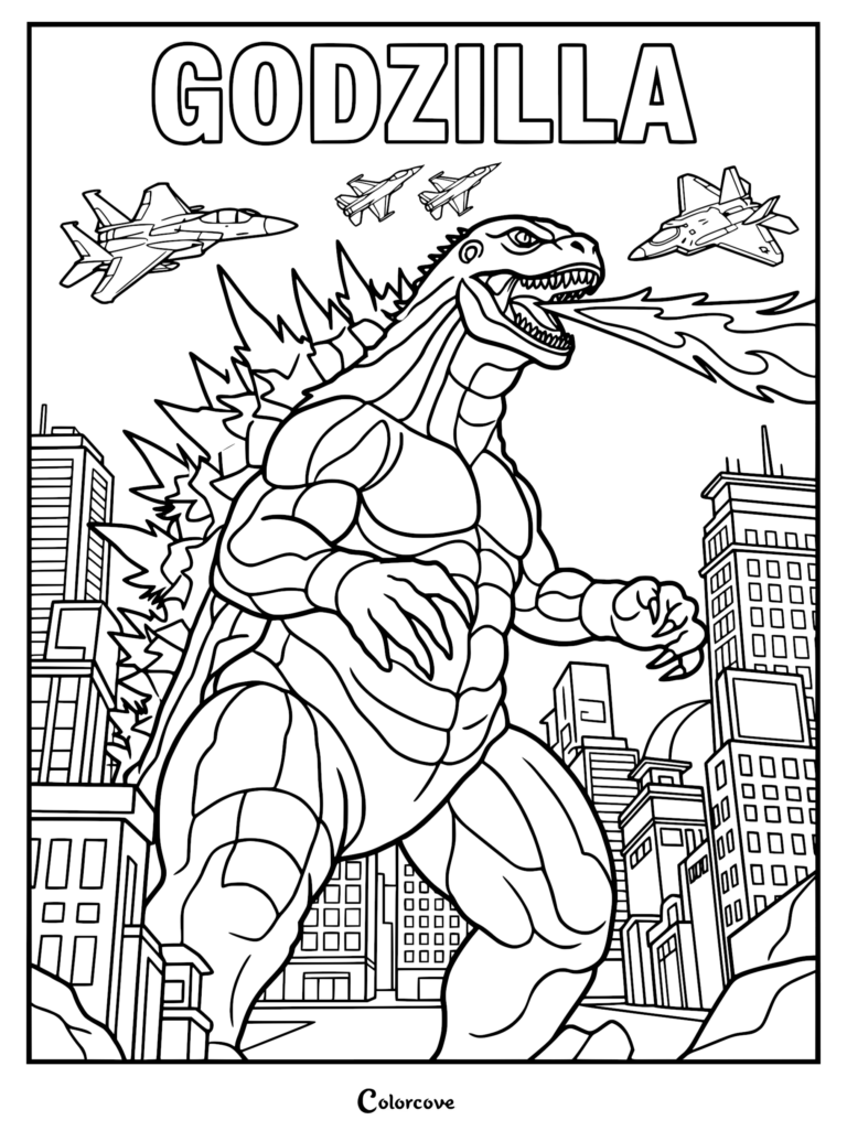 Godzilla breathing fire in a city surrounded by fighter jets coloring page with bold outlines.
