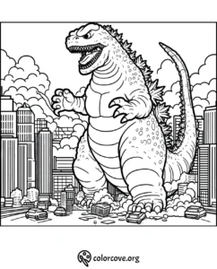 Giant monster rampages through city, destroying buildings and cars - exciting coloring page for kids and adults.