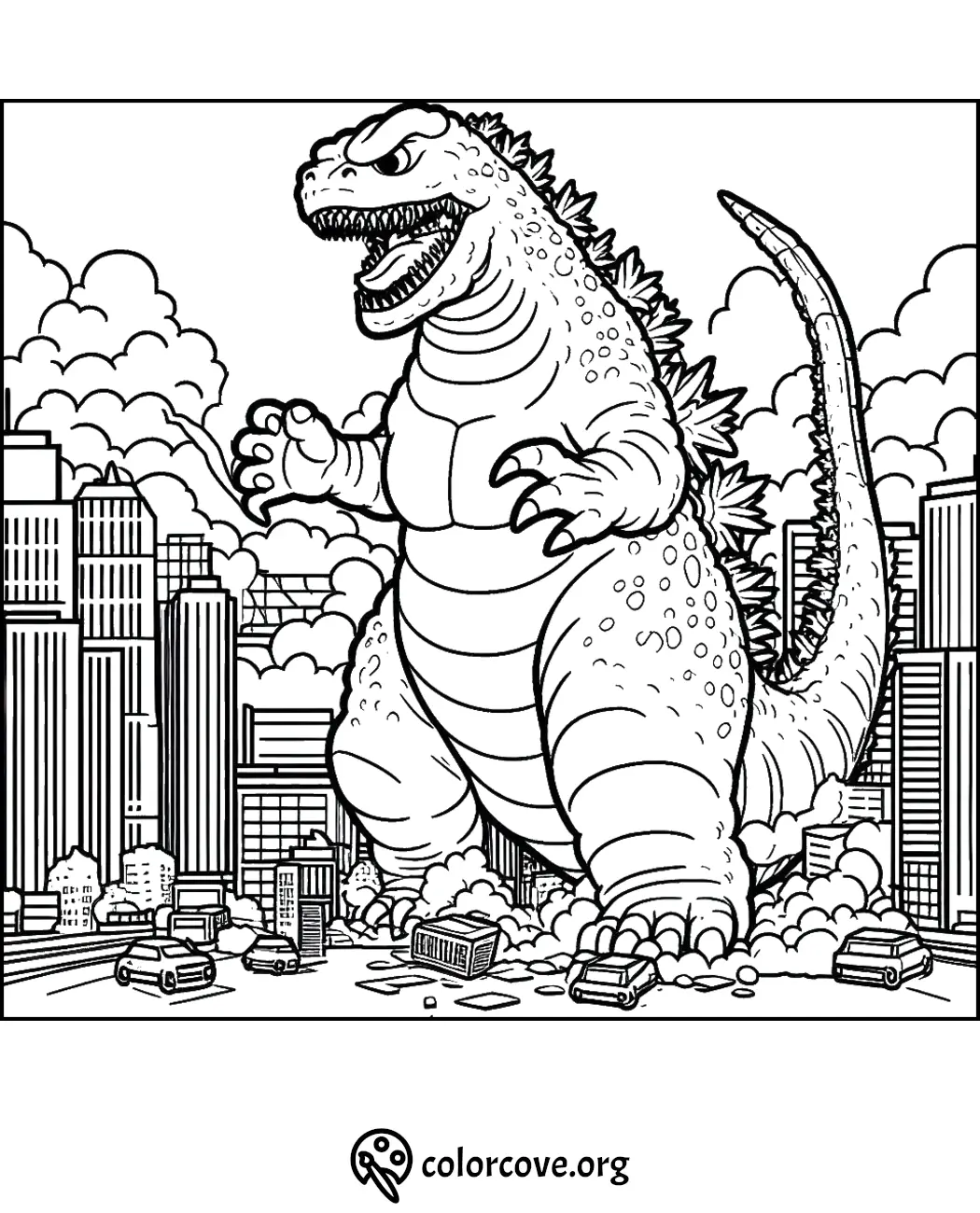 Giant monster rampages through city, destroying buildings and cars - exciting coloring page for kids and adults.