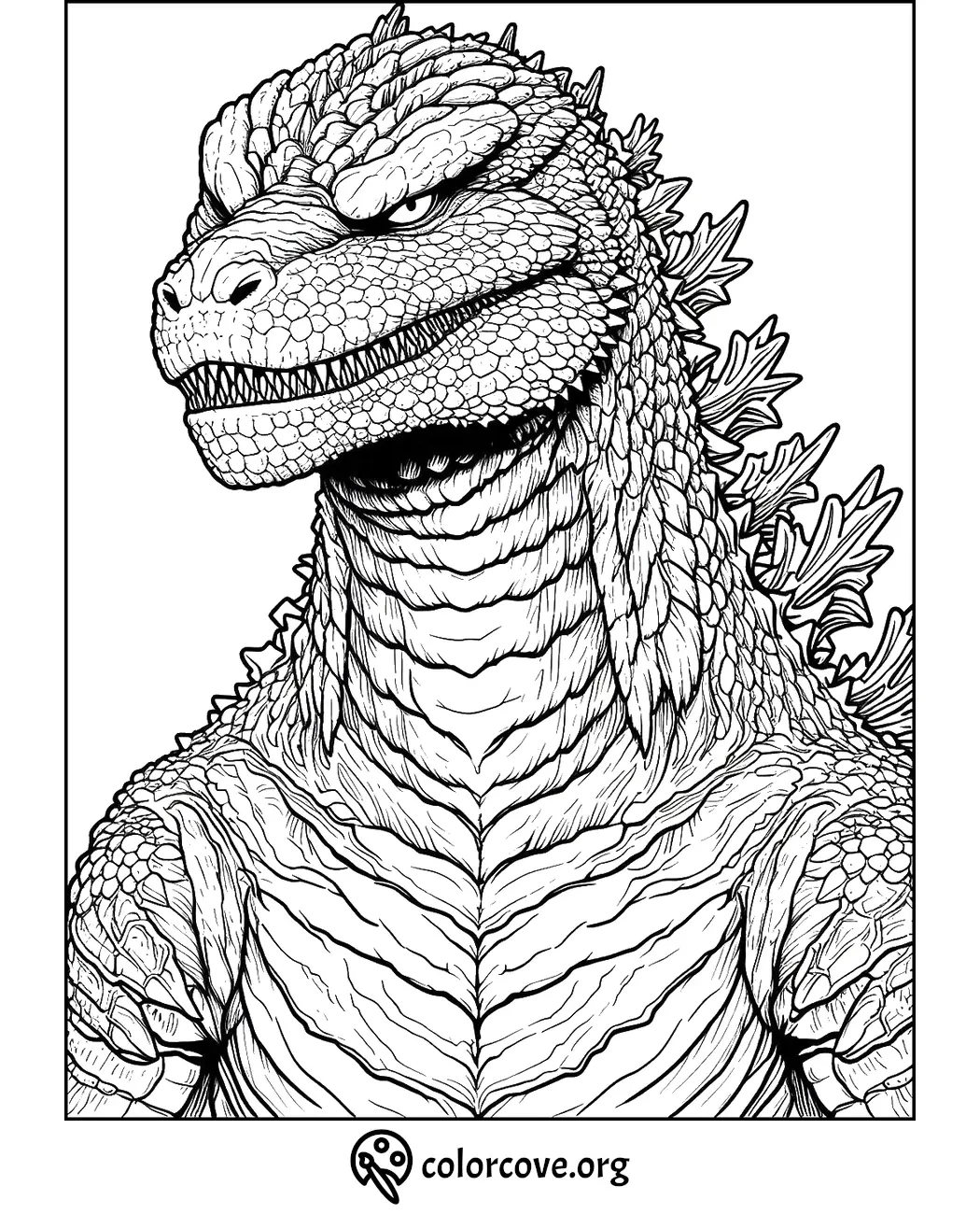 Godzilla coloring page for kids and adults with intricate details. Perfect for monster and Kaiju fans. Download at colorcove.org.