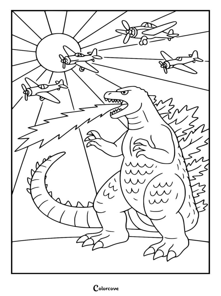 Godzilla roaring and breathing fire at three vintage propeller planes flying in front of a sunburst background, printable coloring page.