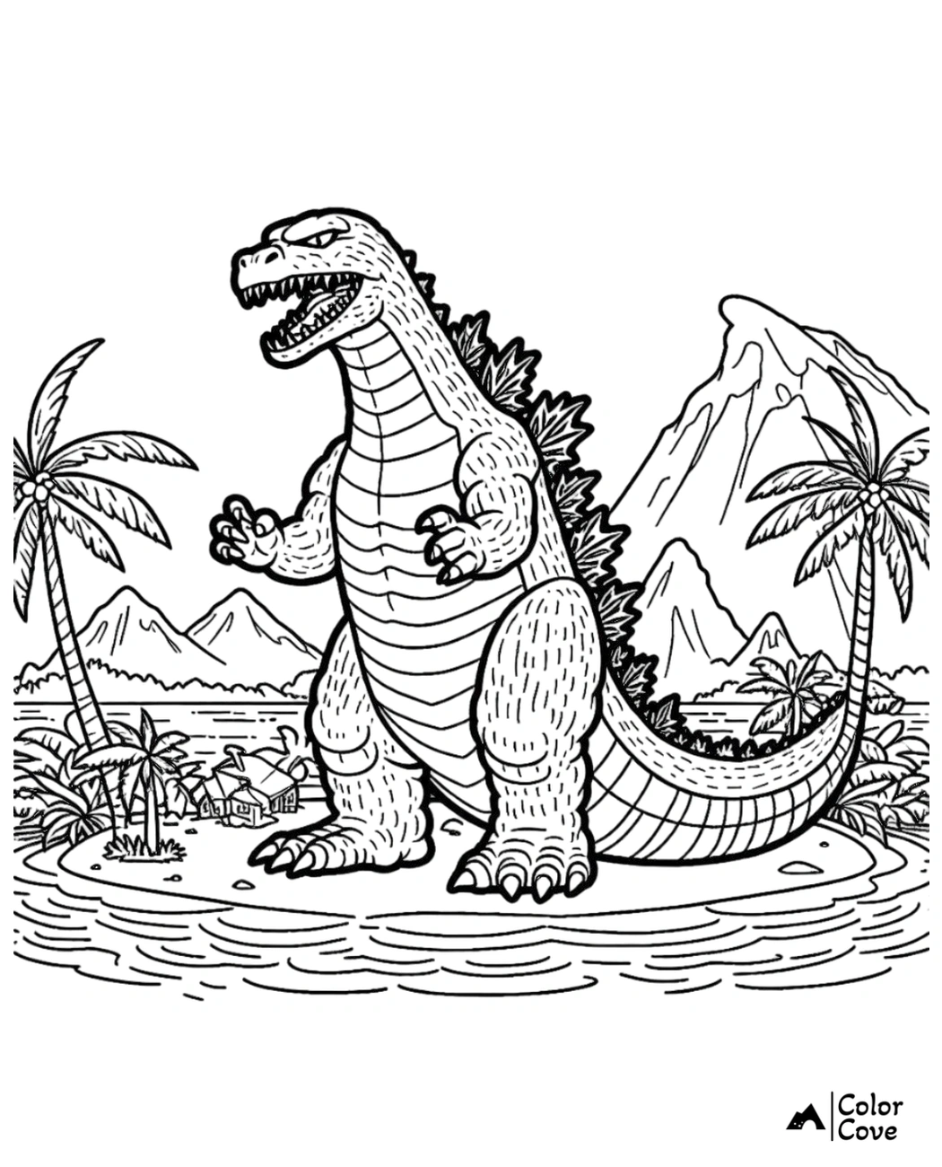 Coloring page featuring a giant dinosaur in tropical setting with mountains, palm trees, and huts, perfect for kids' creative fun.