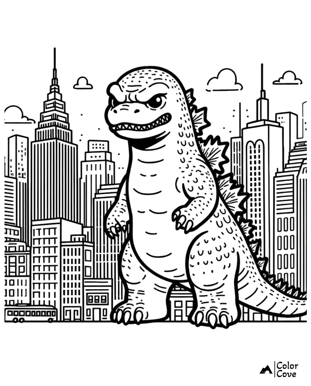 City skyline with a giant dinosaur coloring page for kids, featuring skyscrapers and detailed dinosaur illustration.