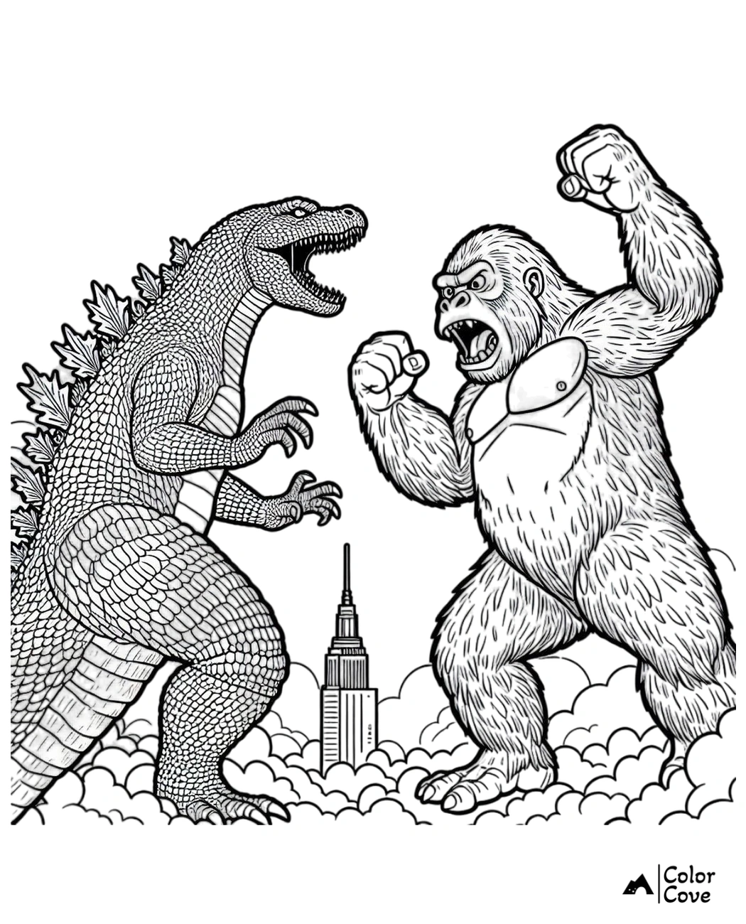 Giant reptile and gorilla face off in city skyline coloring page, perfect for kids' monster showdown creativity.