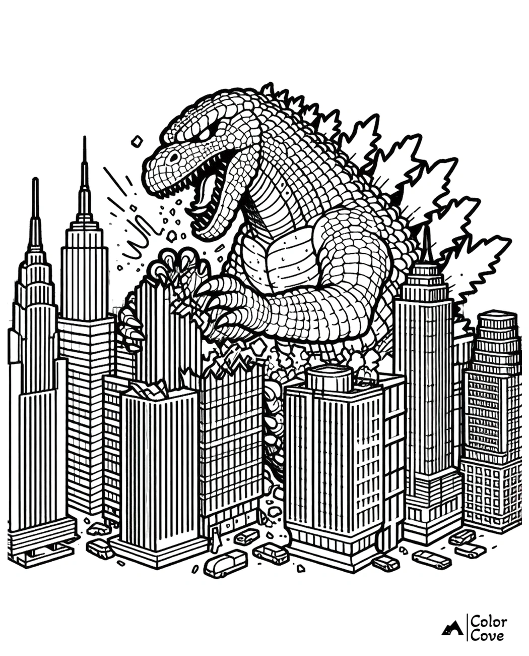 Giant monster attacking city skyline - printable coloring page for kids featuring detailed urban scene and creature design