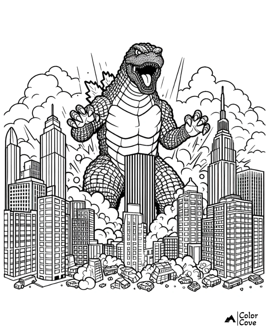 Giant monster roaring amid city buildings, cars fleeing in chaos – coloring page by Color Cove.