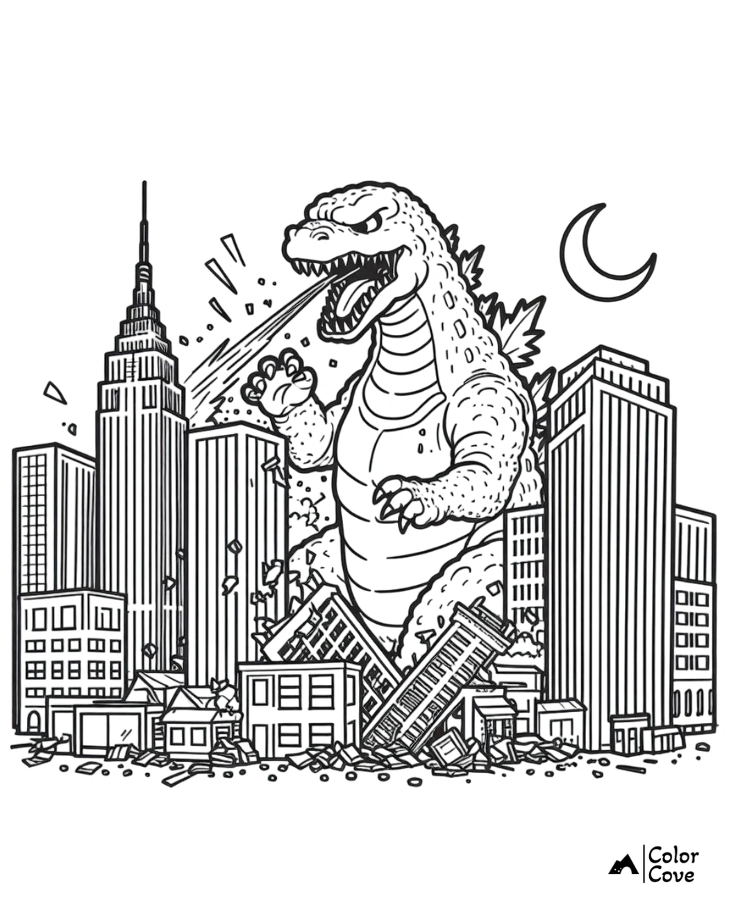 Coloring page of a giant monster destroying skyscrapers in a city under a crescent moon.