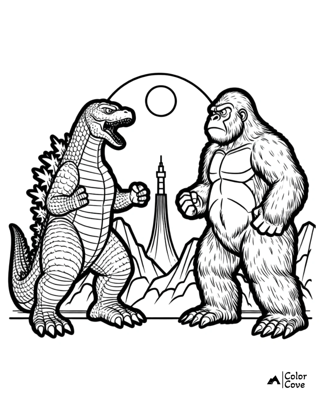 Coloring page featuring Godzilla and King Kong face-off with mountains and a tower in the background. Perfect for kids.