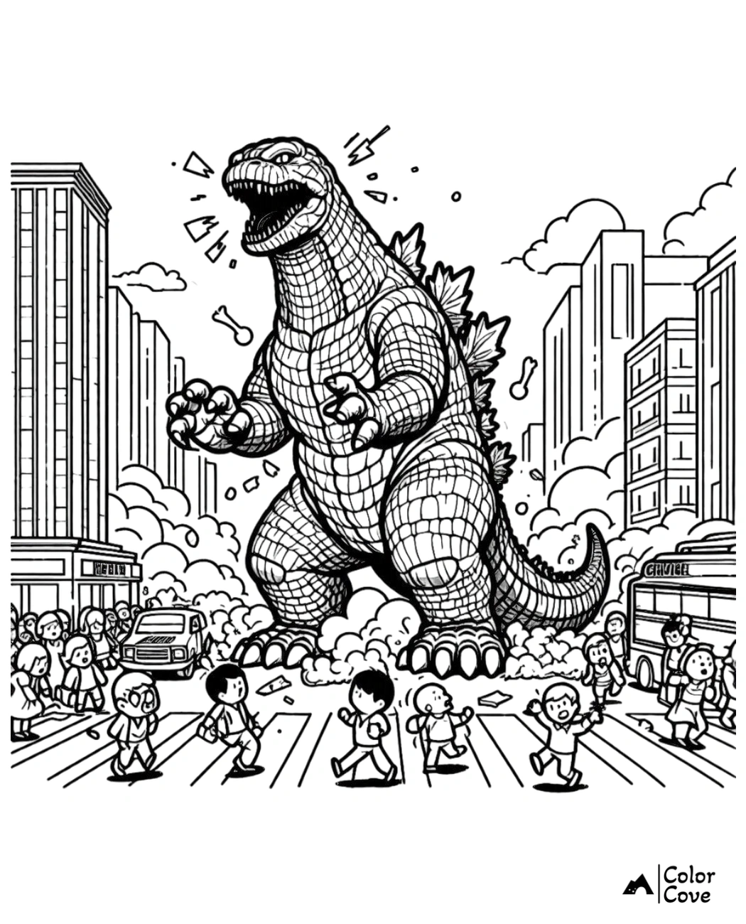 Coloring page of a giant dinosaur roaring in a city, with people running in fear among skyscrapers. ColoringCove.